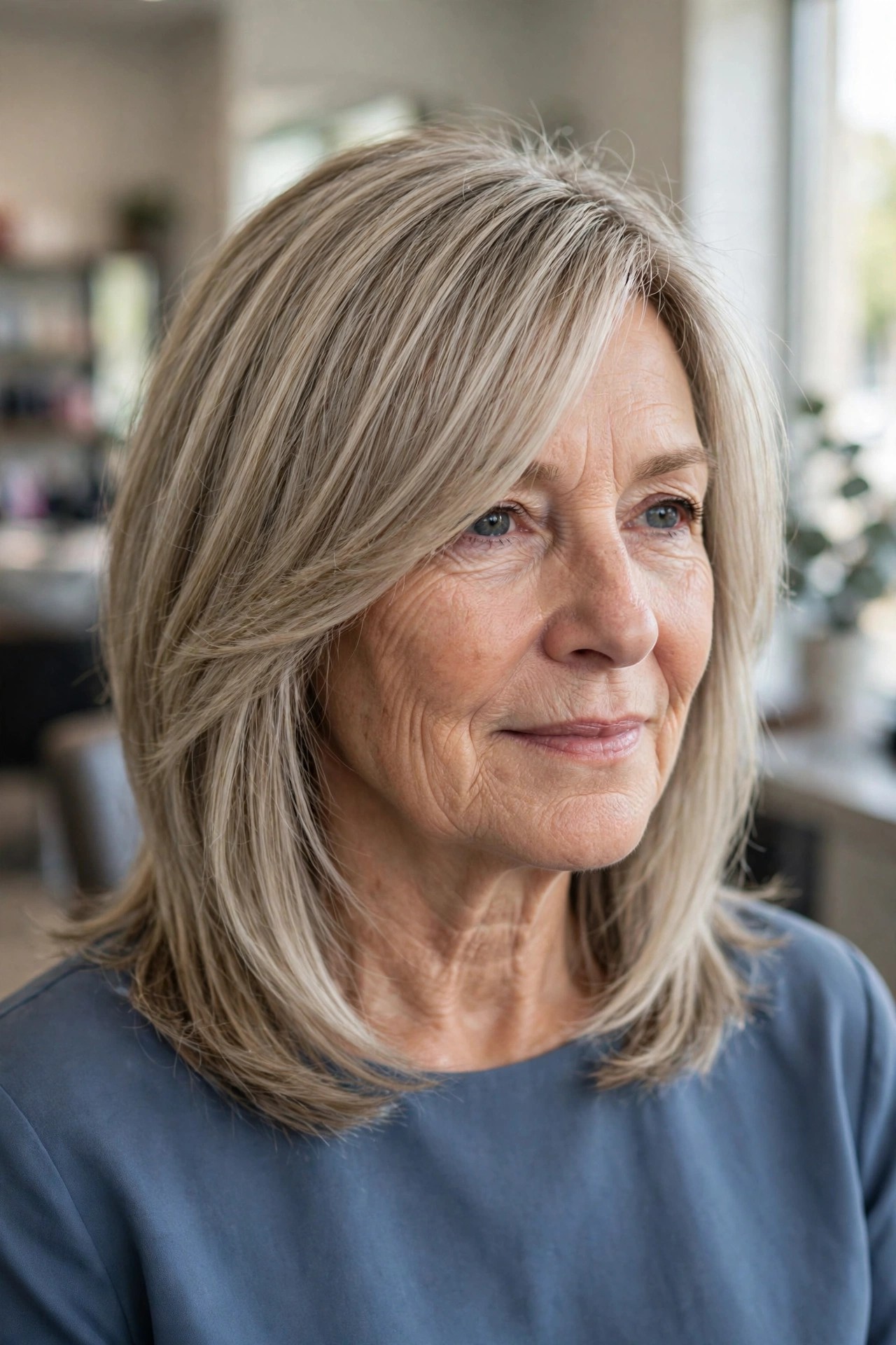 Layered Midi with Long Side-Swept Bangs - medium length hairstyle for a woman over 50