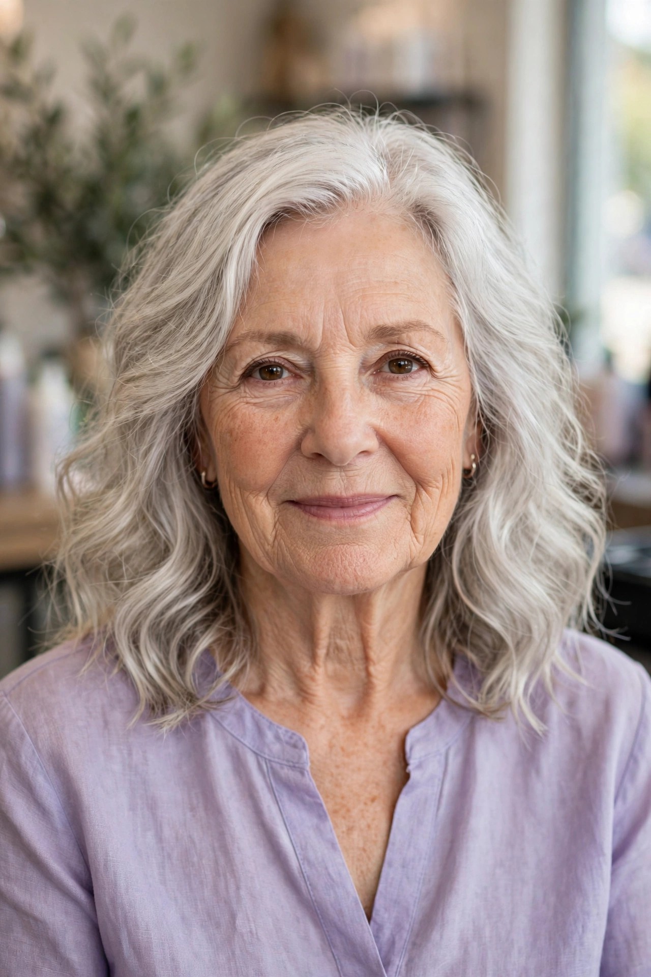 Soft Silver Waves at Shoulder Length - medium length hairstyle for a woman over 50
