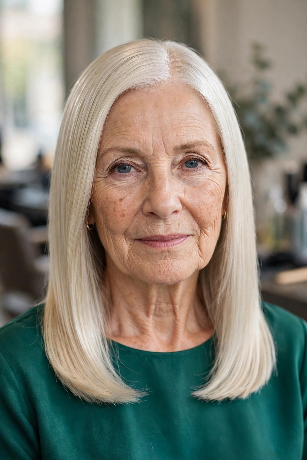Sleek Glass Hair at the Collarbone - medium length hairstyle for a woman over 50