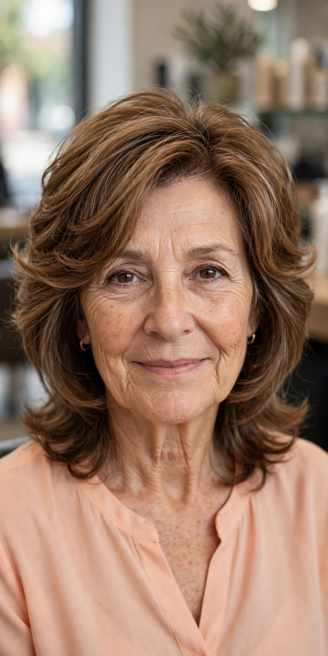 Butterfly Cut with Feathery Face Framing - medium length hairstyle for a woman over 50