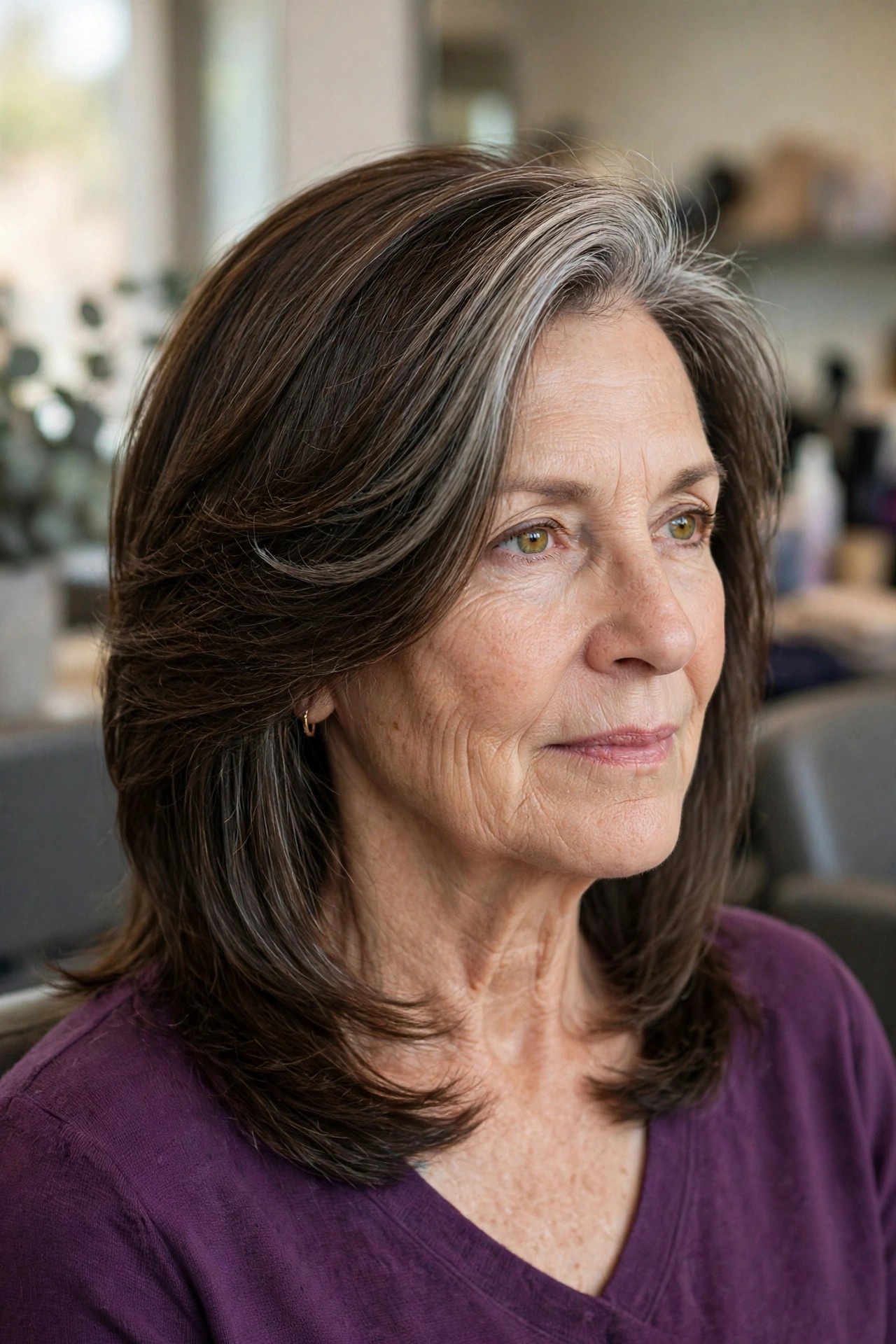 Deep Side Part with Layered Sweep - medium length hairstyle for a woman over 50