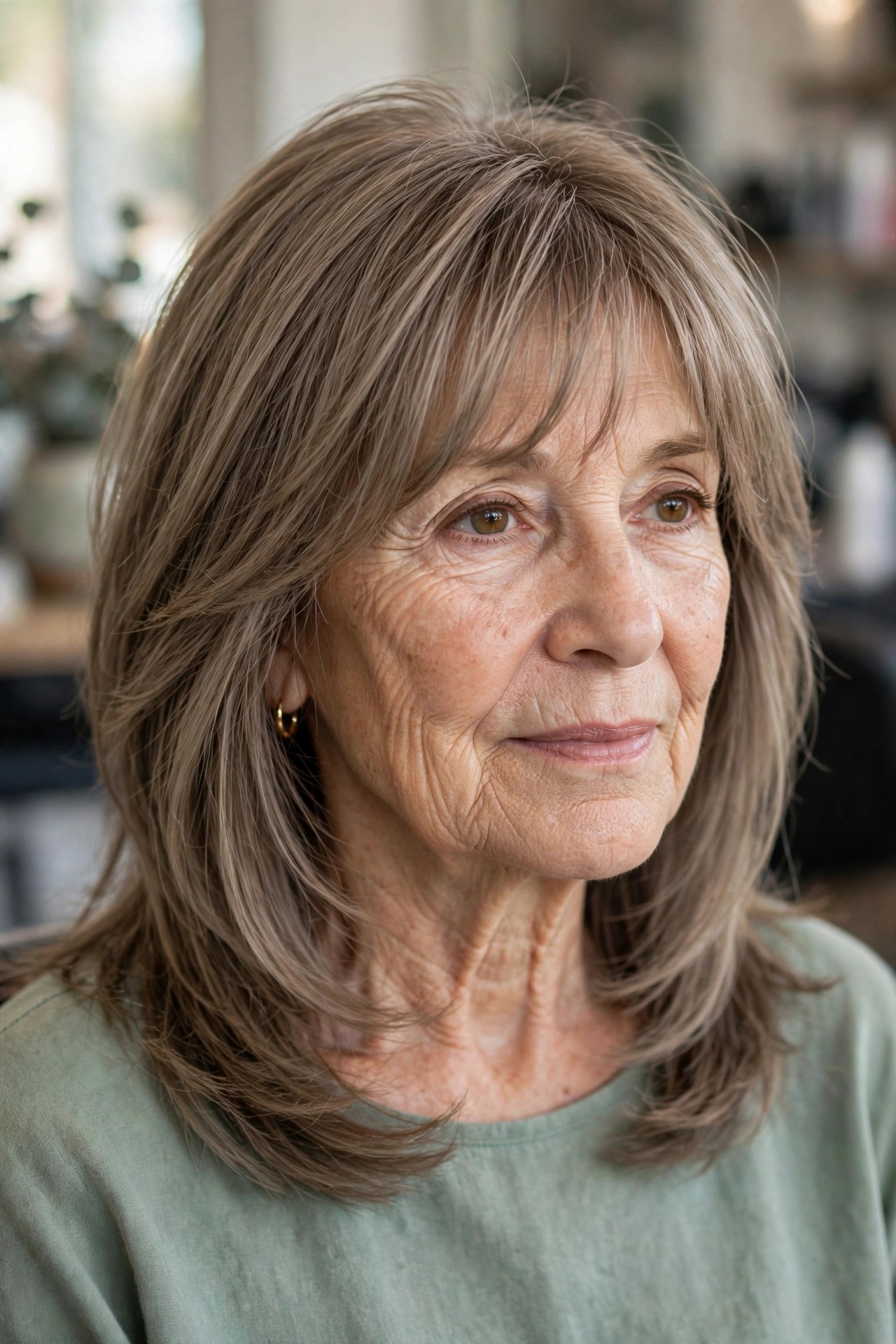 Wispy Bangs with Soft Layers - medium length hairstyle for a woman over 50