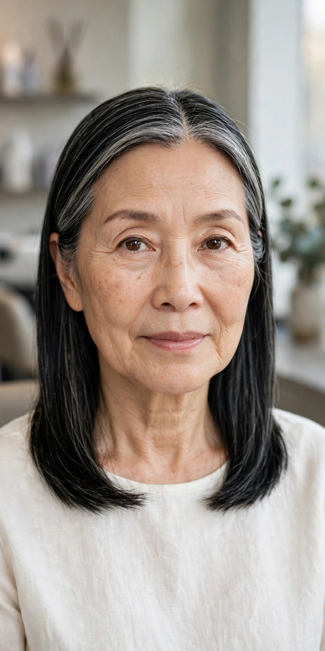 Center-Part Sleek Midi - medium length hairstyle for a woman over 50