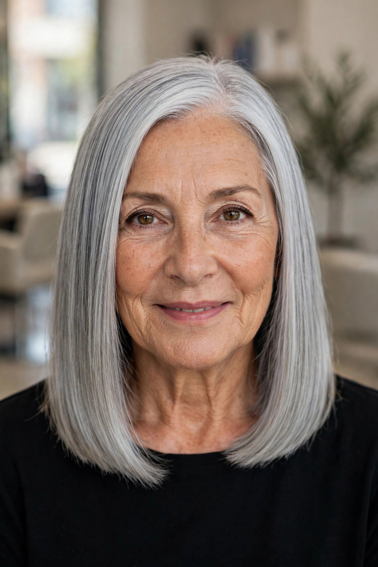 Sleek Collarbone Cut in Silver - medium length hairstyle for a woman over 50