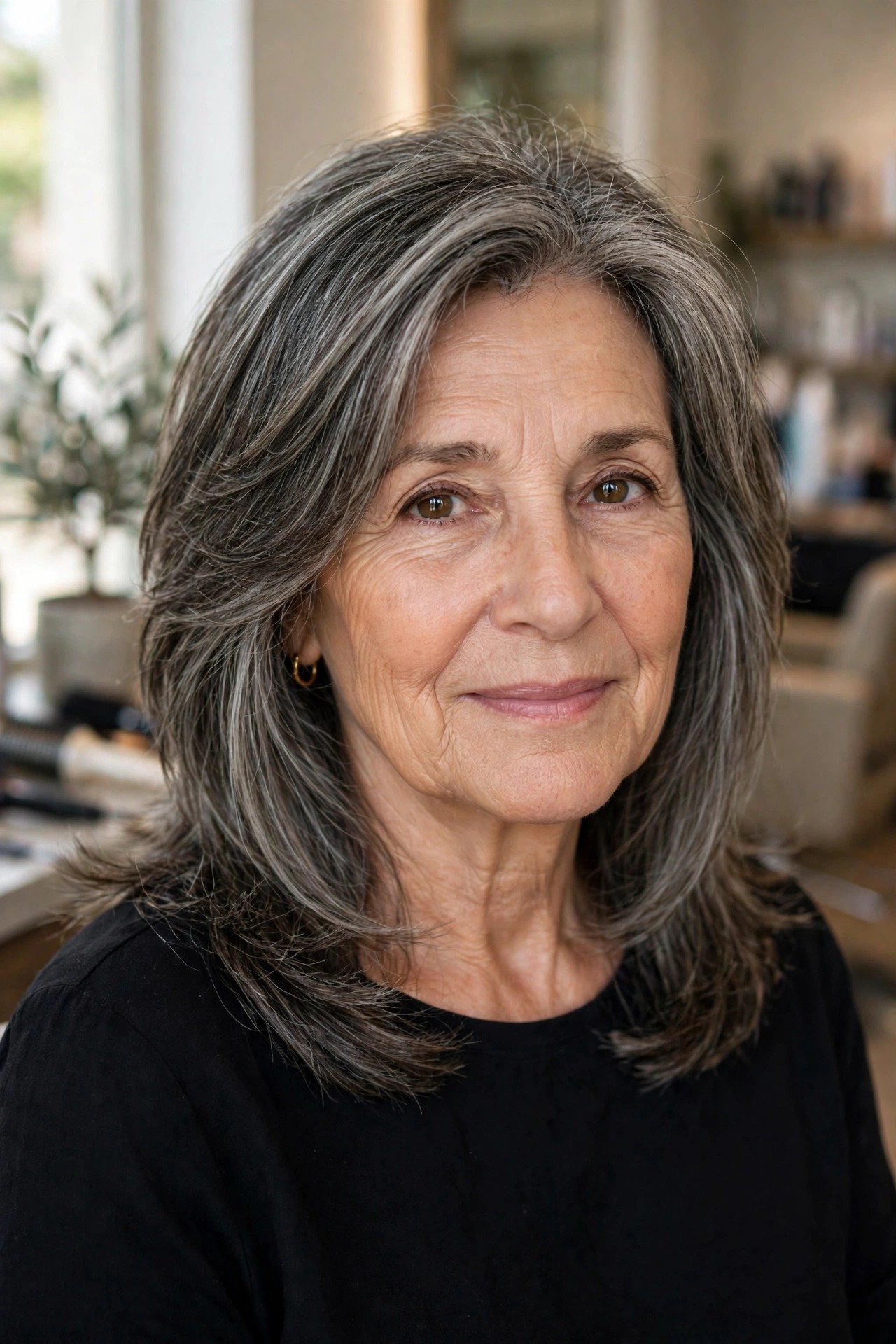 Salt-and-Pepper Layered Midi - medium length hairstyle for a woman over 50