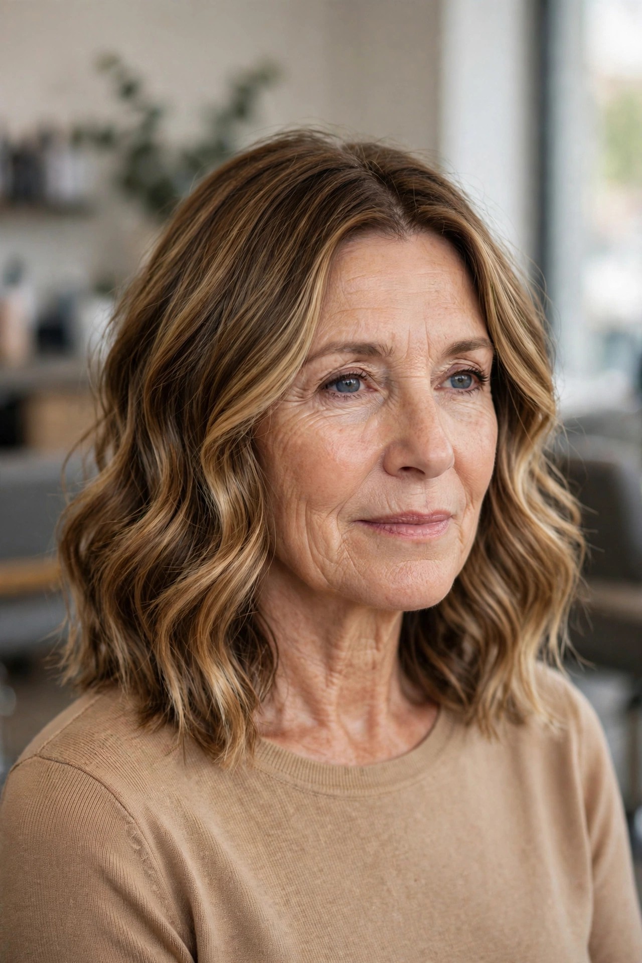 Honey Balayage Wavy Midi - medium length hairstyle for a woman over 50