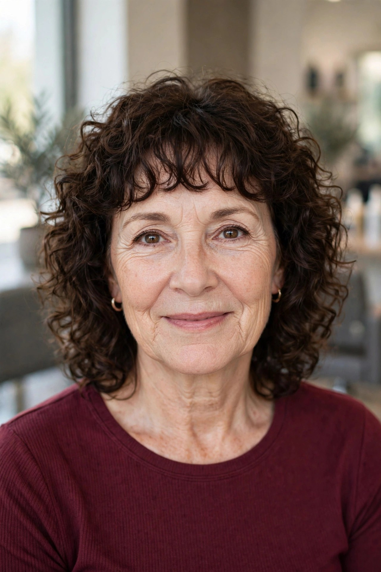 Curly Midi with a Soft Curly Fringe - medium length hairstyle for a woman over 50