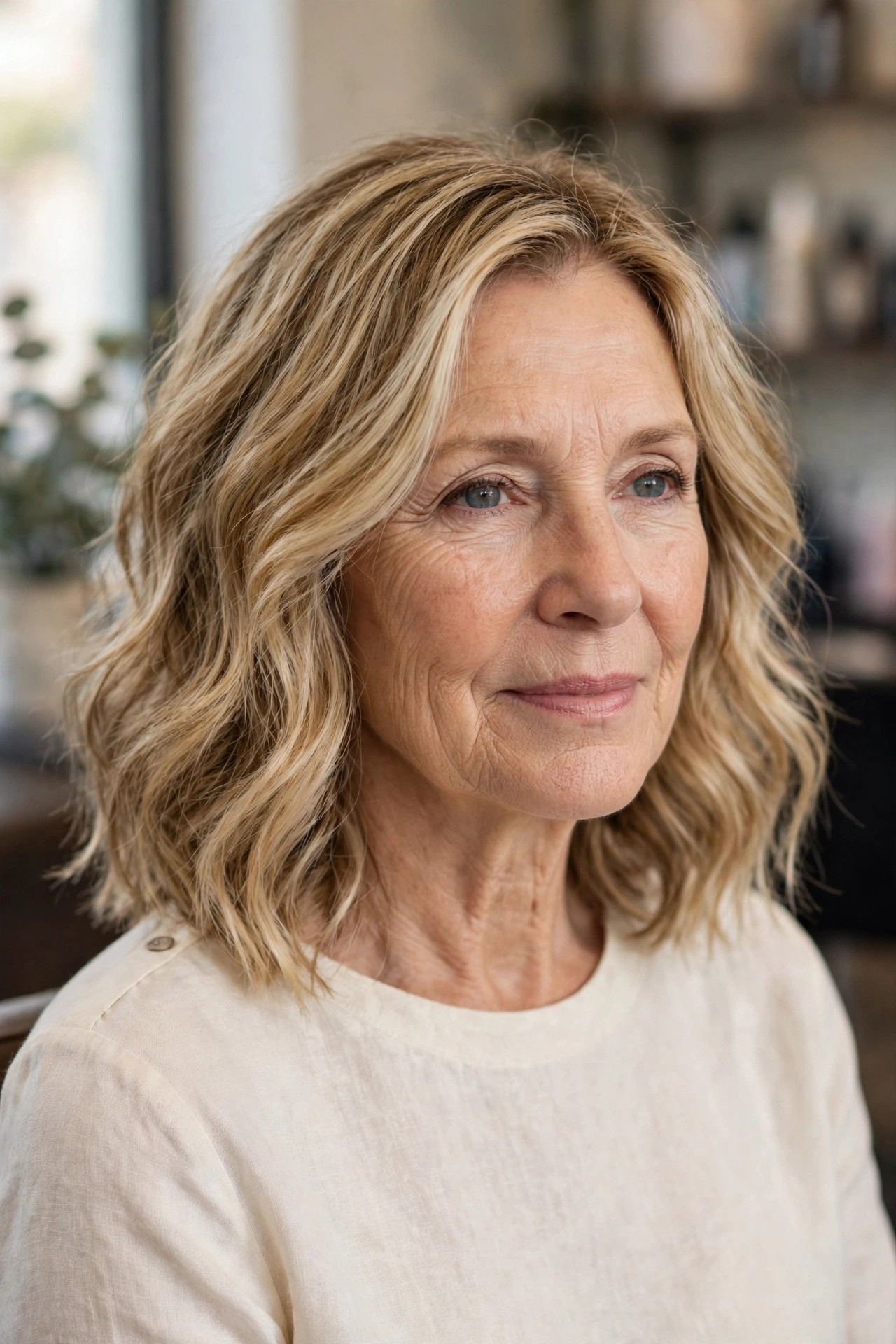 Wavy Midi with Long Layers - medium length hairstyle for a woman over 50