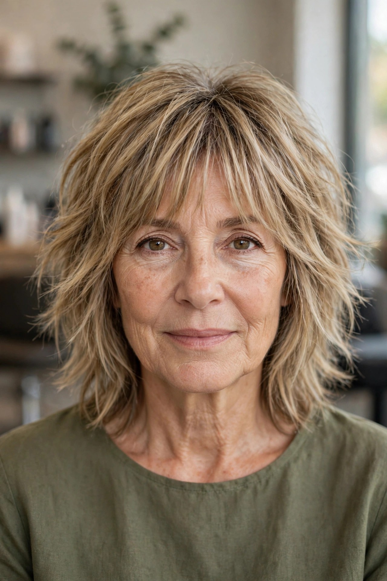 Shaggy Midi with Curtain Bangs - medium length hairstyle for a woman over 50