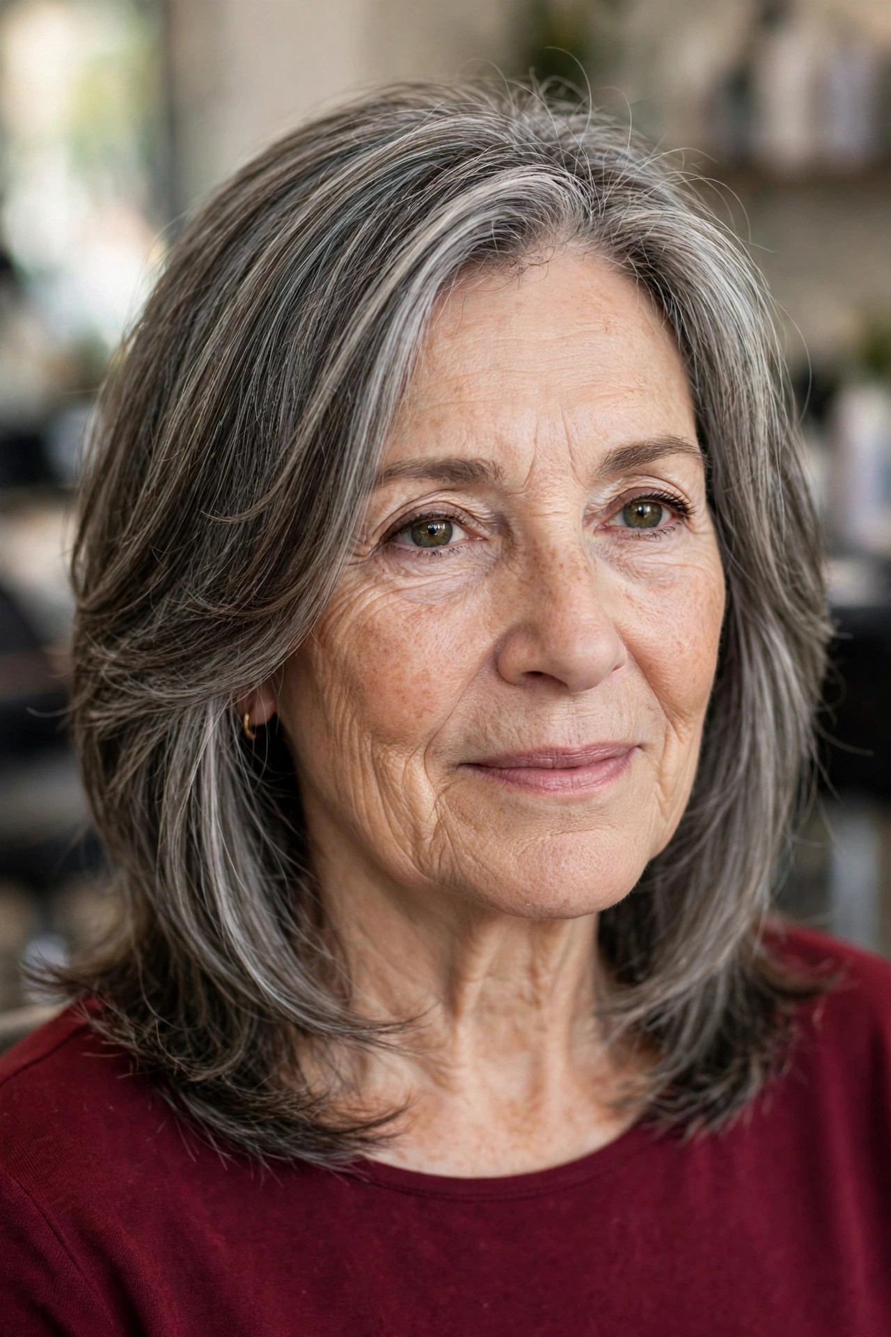 Face-Framing Layers in Salt and Pepper - medium length hairstyle for a woman over 50