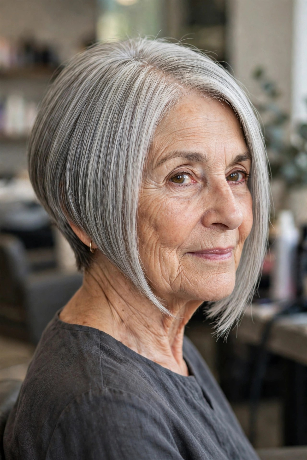 Inverted Bob with an Angled Front - short hairstyle for a woman over 60