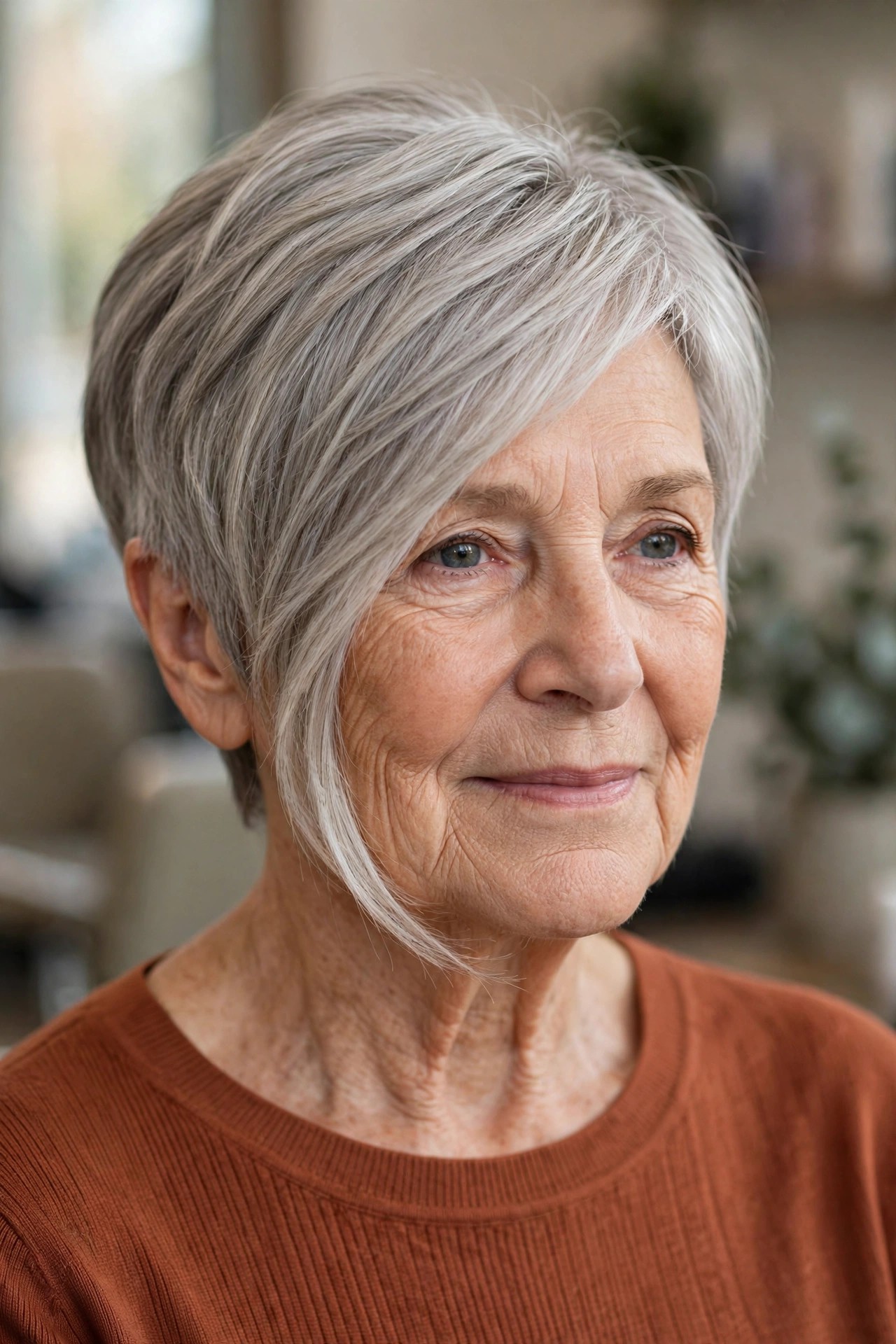 Pixie Bob with a Longer Sweeping Top - short hairstyle for a woman over 60