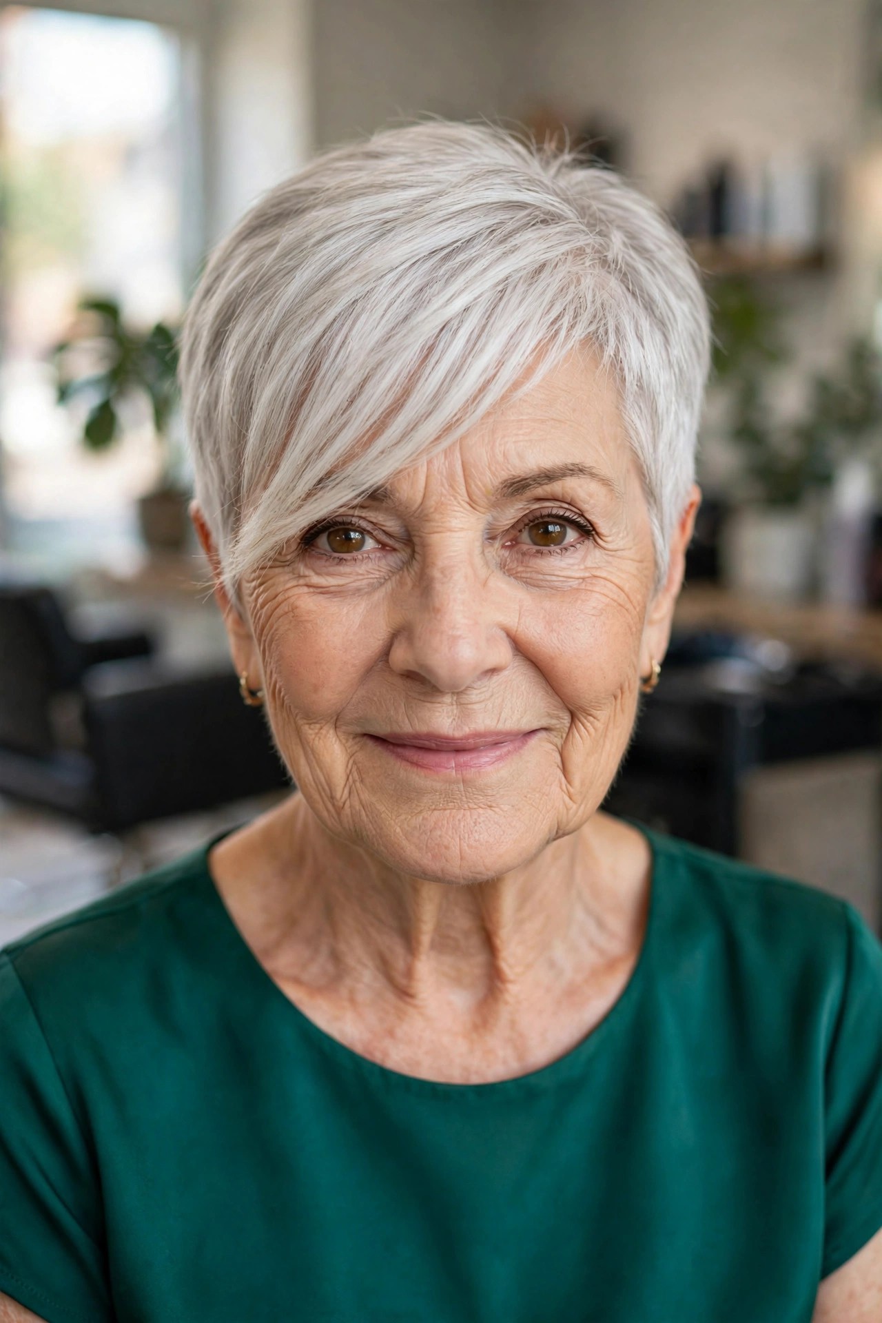 Short Crop with Long Side Bangs - short hairstyle for a woman over 60