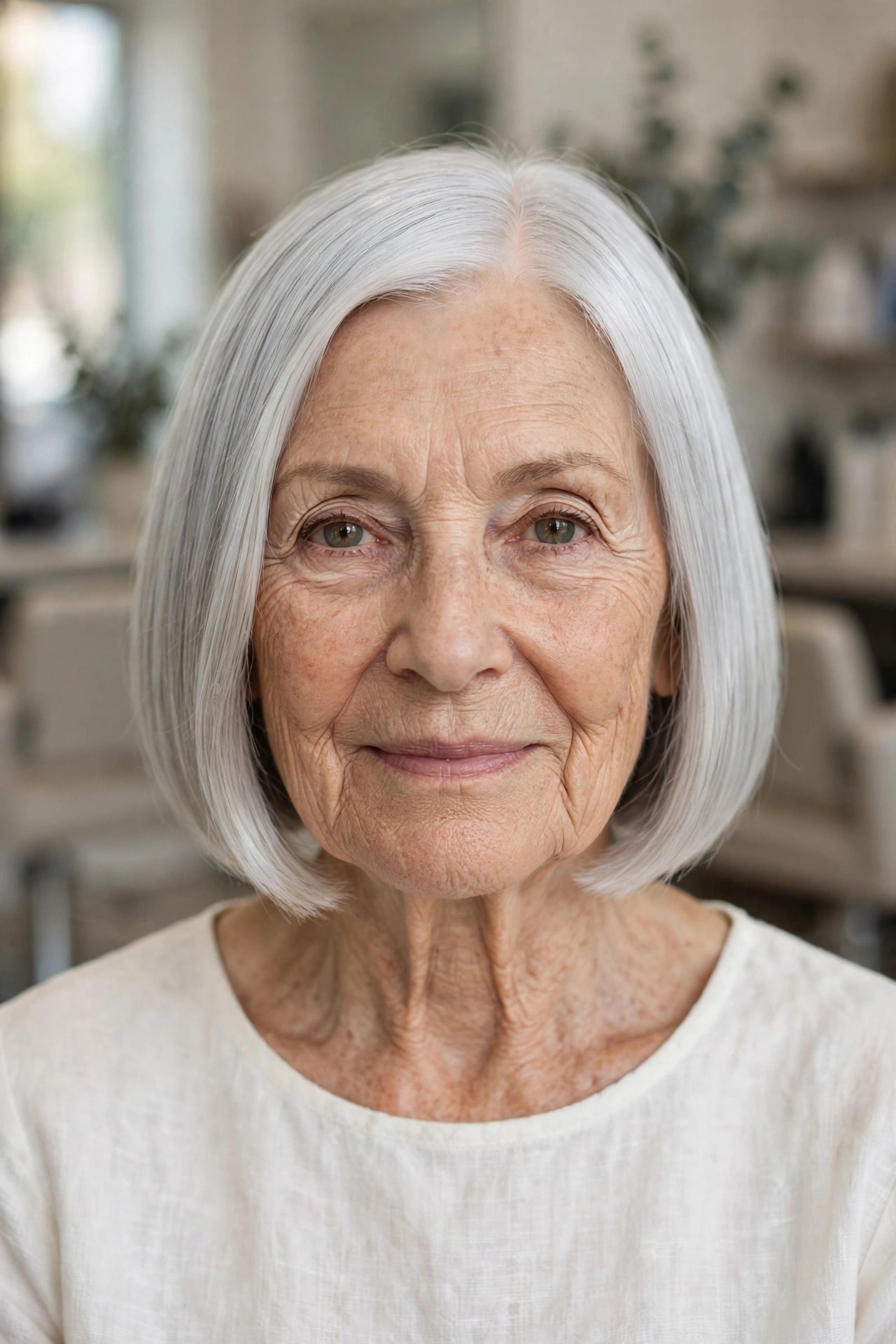 Silver Sleek Bob with a Center Part - short hairstyle for a woman over 60