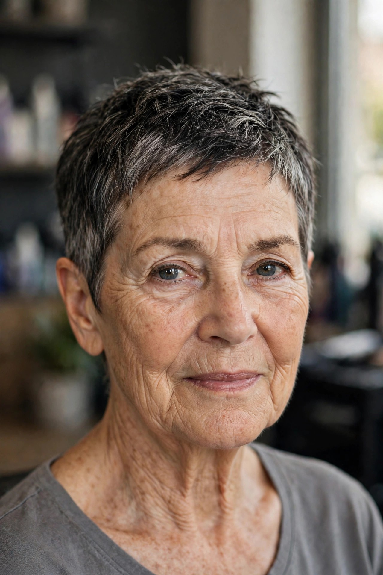 Salt-and-Pepper Textured Crop - short hairstyle for a woman over 60
