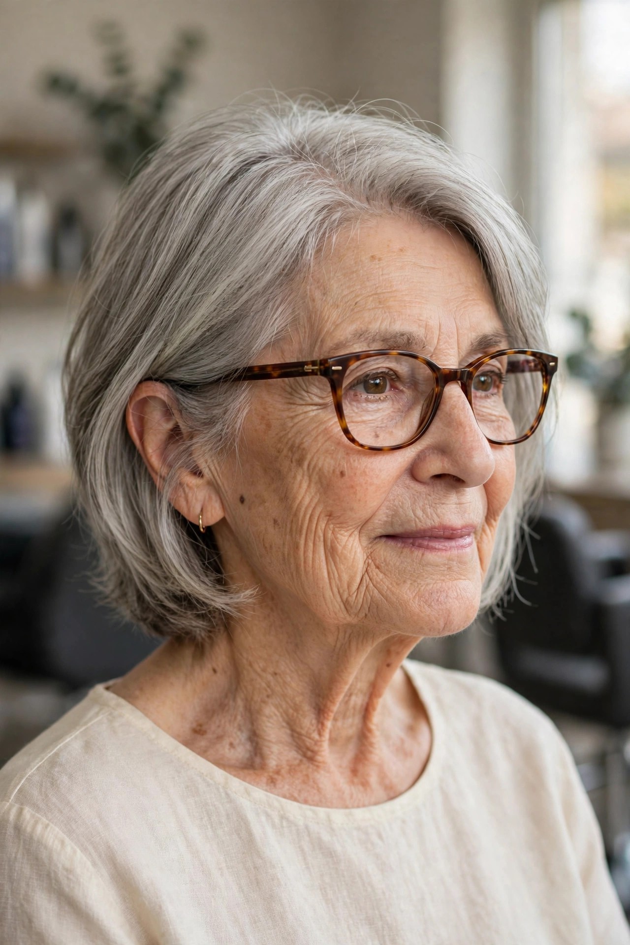 Layered Bob with Glasses and a Side Part - short hairstyle for a woman over 60