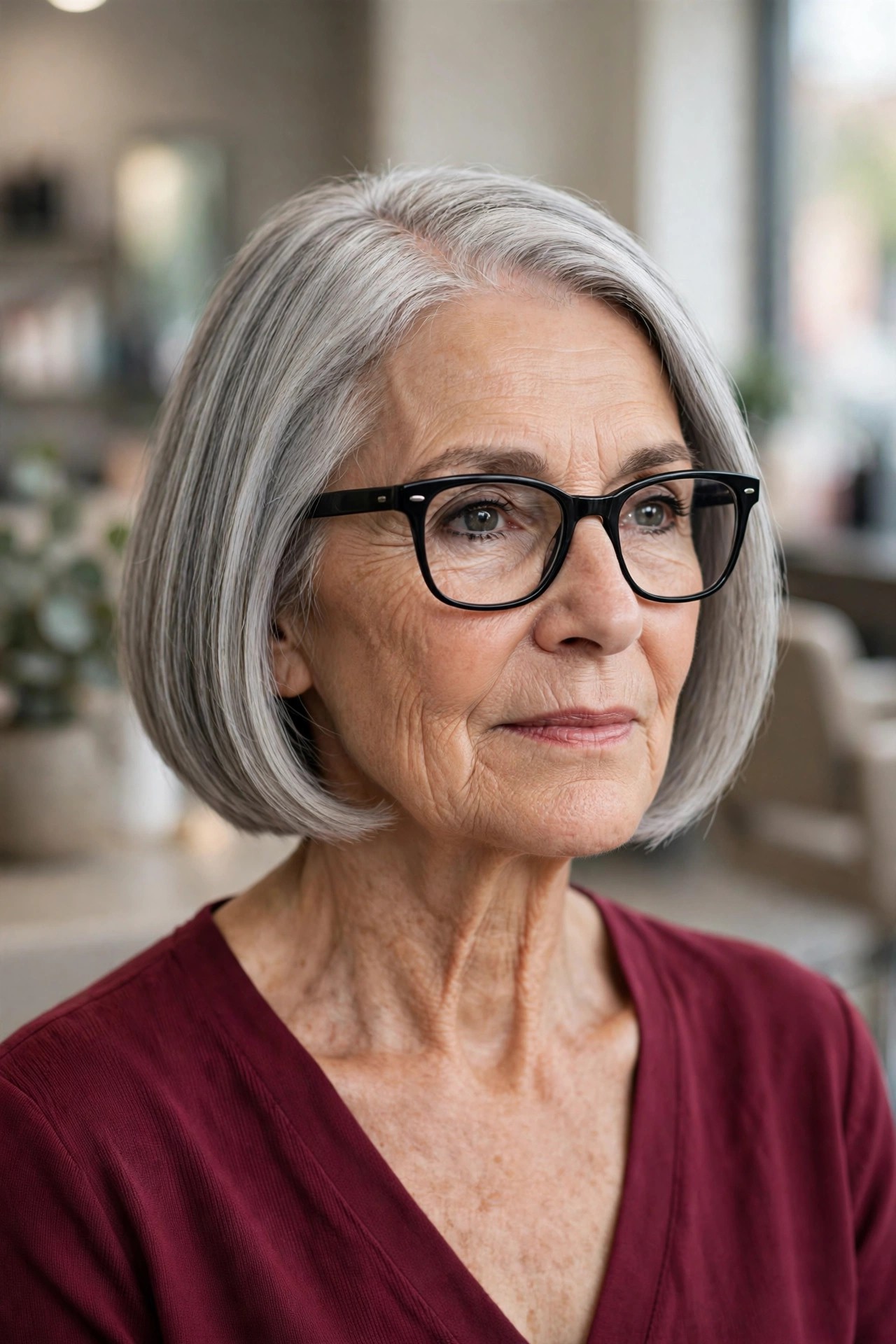 Sleek Gray Bob Styled for Glasses - short hairstyle for a woman over 60