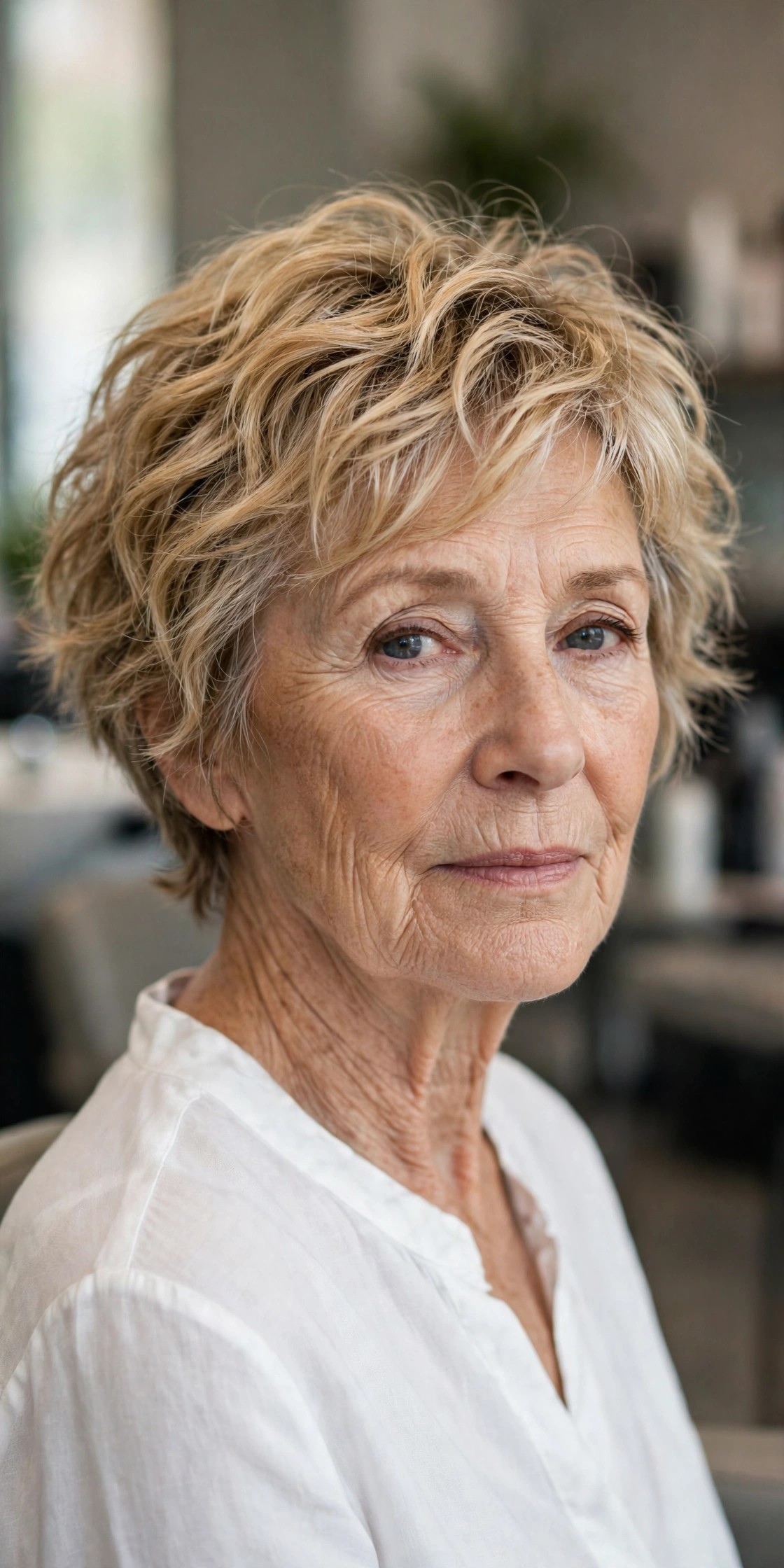 Tousled Pixie Bob in Golden Blonde - short hairstyle for a woman over 60