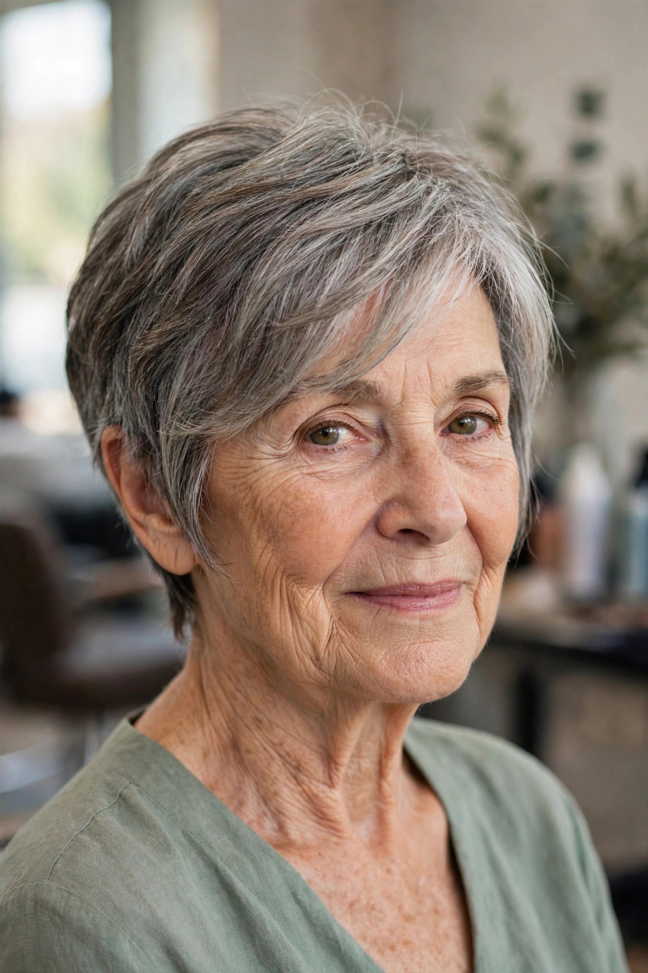 Long Pixie (Bixie) with a Side-Swept Fringe - short hairstyle for a woman over 60