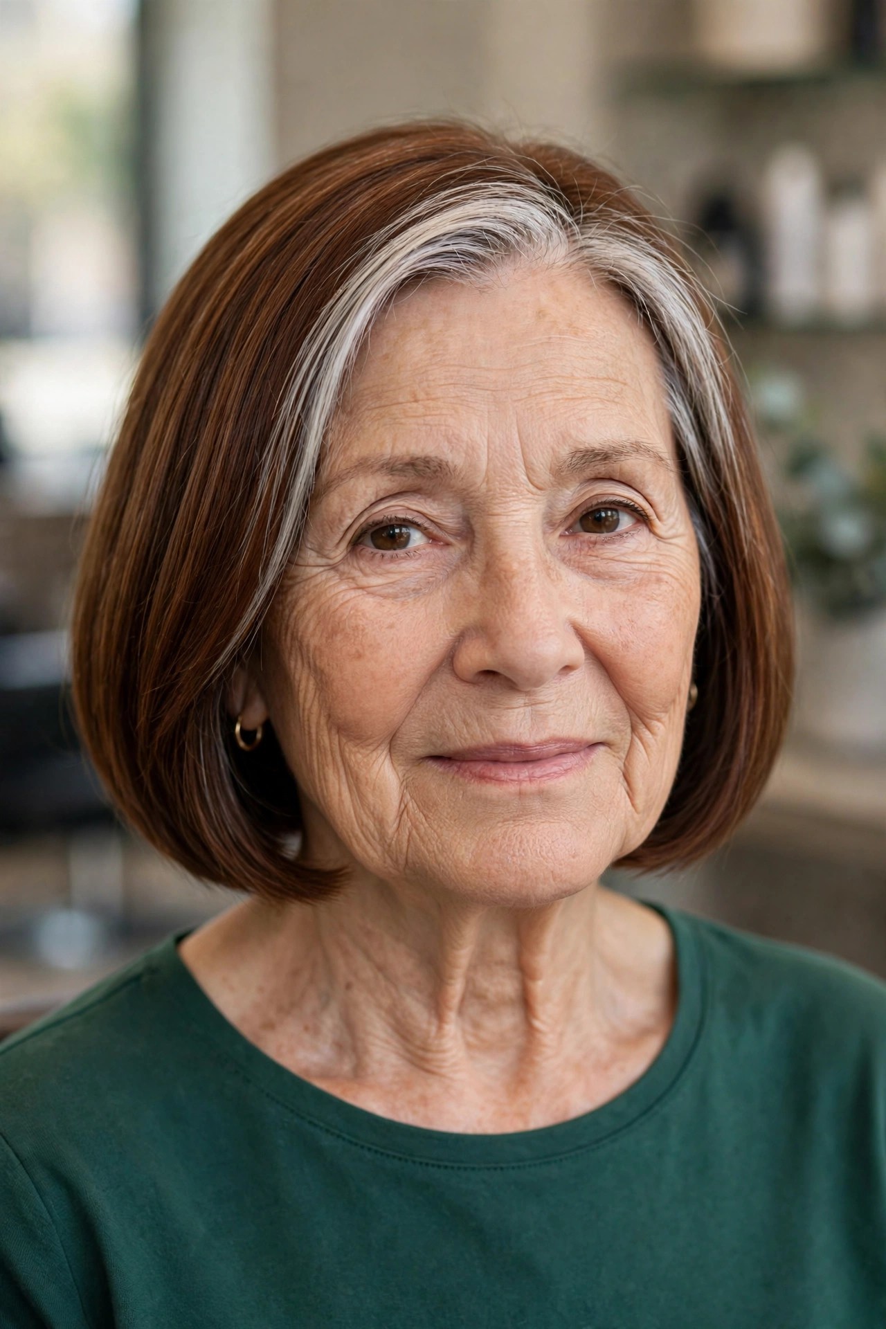 Chestnut Bob with Silver Front Strands - short hairstyle for a woman over 60