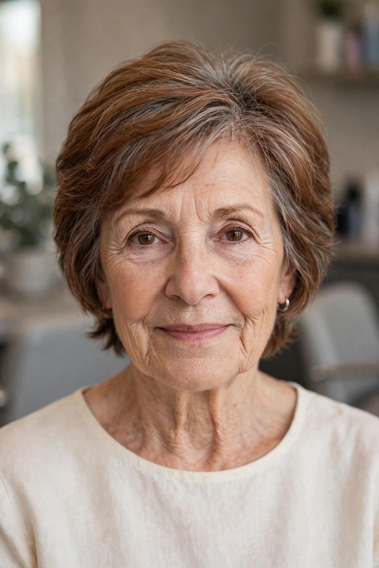 Auburn Feathered Short Cut - short hairstyle for a woman over 60