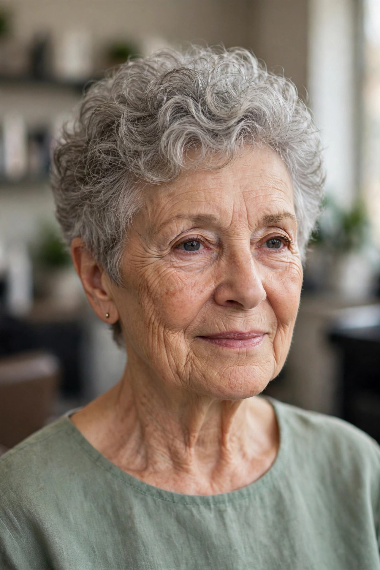 Soft Curly Crop in Natural Gray - short hairstyle for a woman over 60