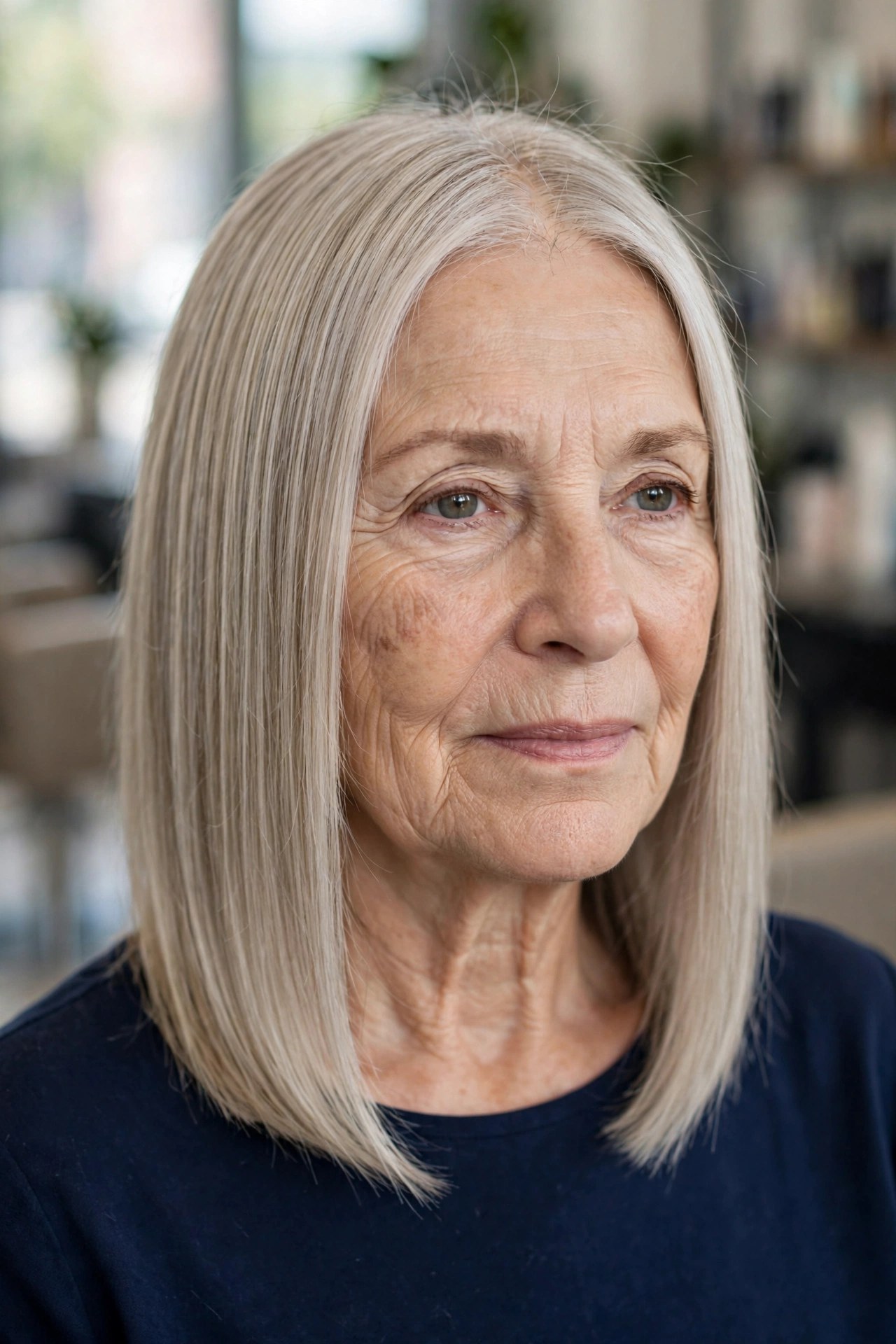 Classic Blunt Angled Lob on a woman over 50 with fine hair