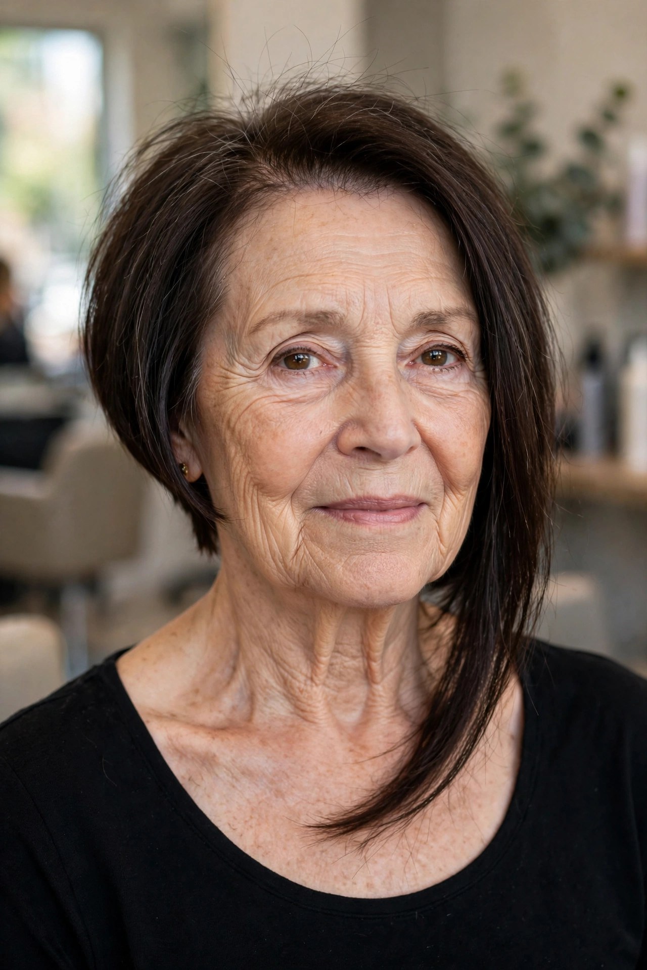 Dramatic Chin-to-Collarbone Angled Lob on a woman over 50 with fine hair