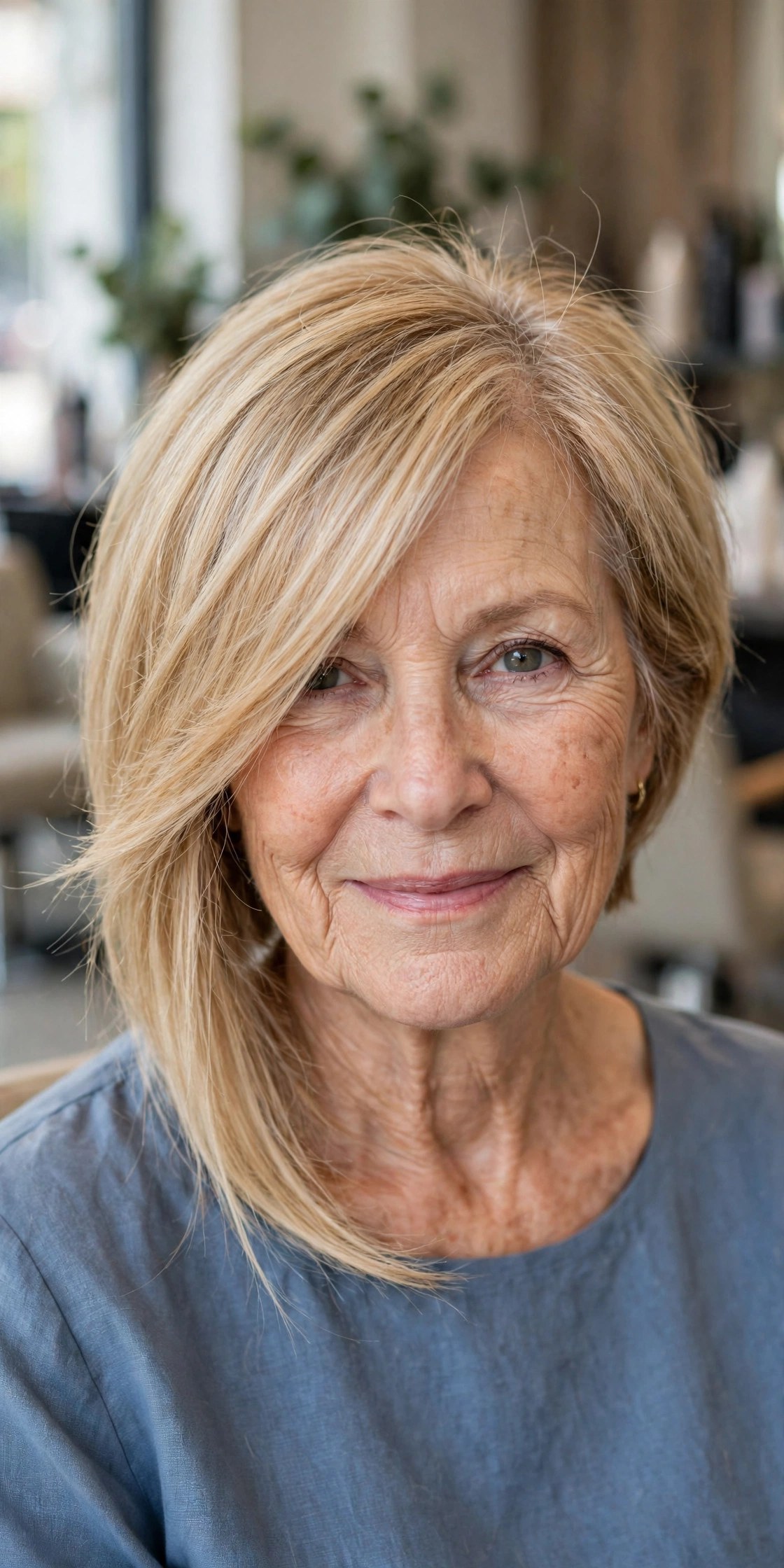 Angled Lob with Side-Swept Bangs on a woman over 50 with fine hair