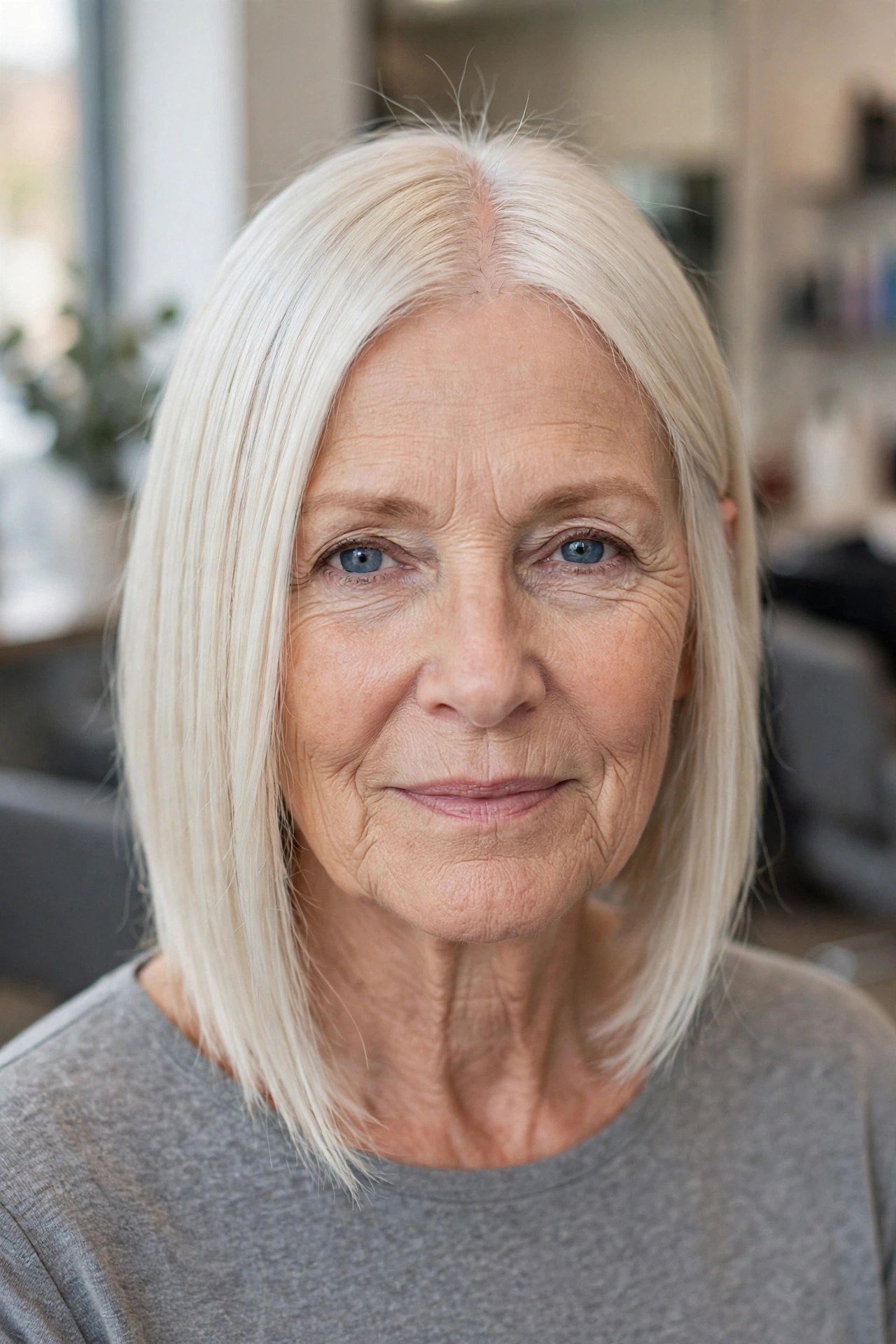Sleek Center-Part Angled Lob on a woman over 50 with fine hair