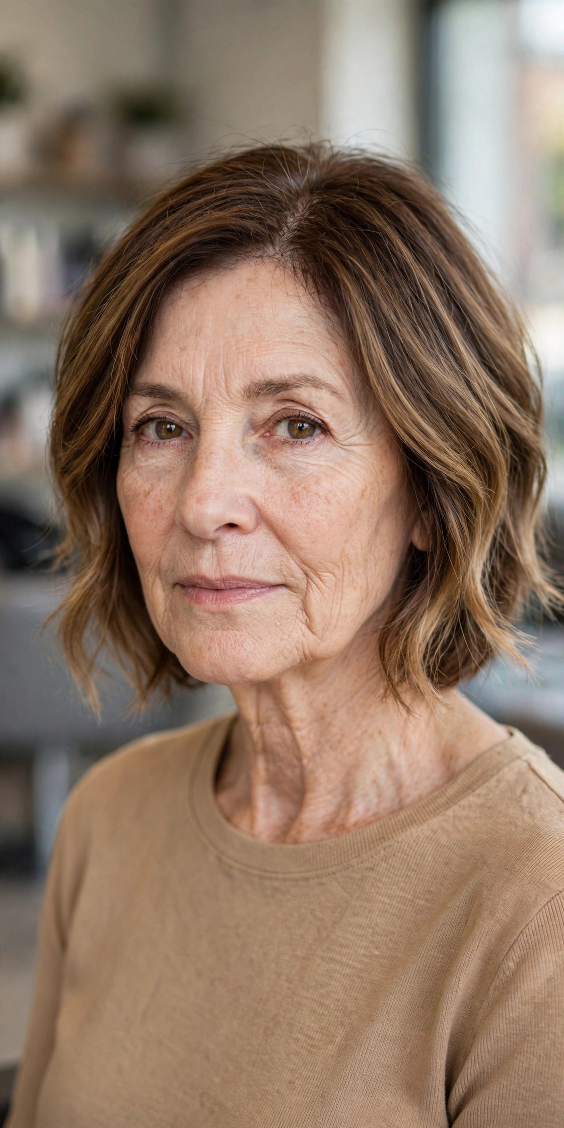 Balayage Angled Lob on a woman over 50 with fine hair