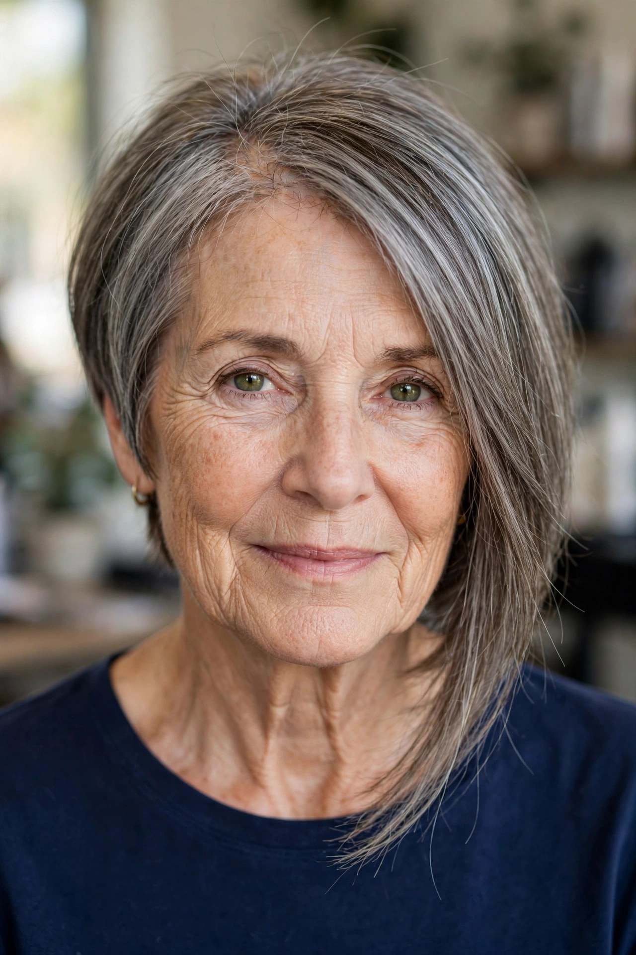 Angled Lob for Natural Gray Blending on a woman over 50 with fine hair