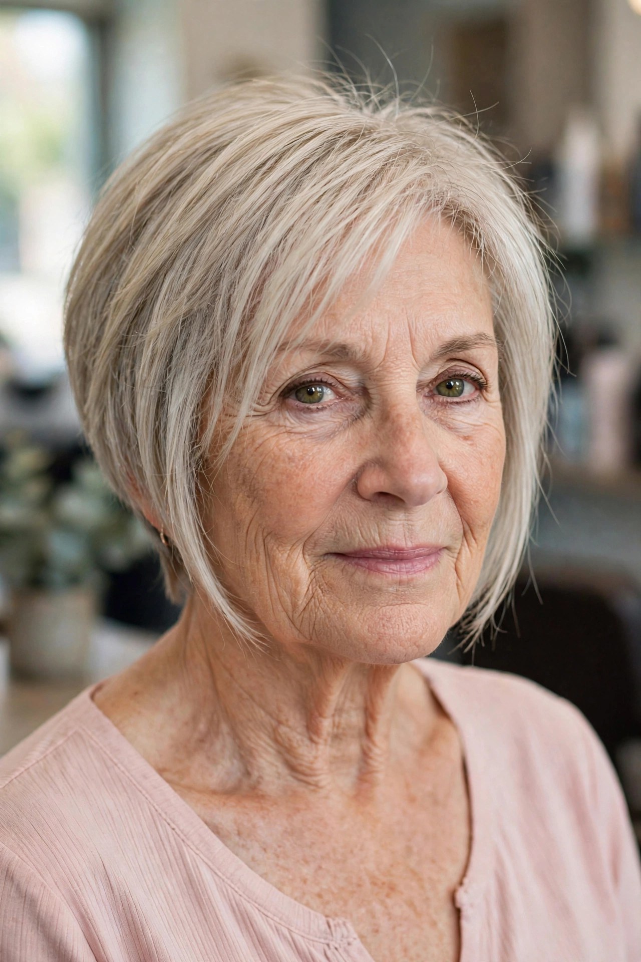 Feather-Light Layered Angled Lob on a woman over 50 with fine hair