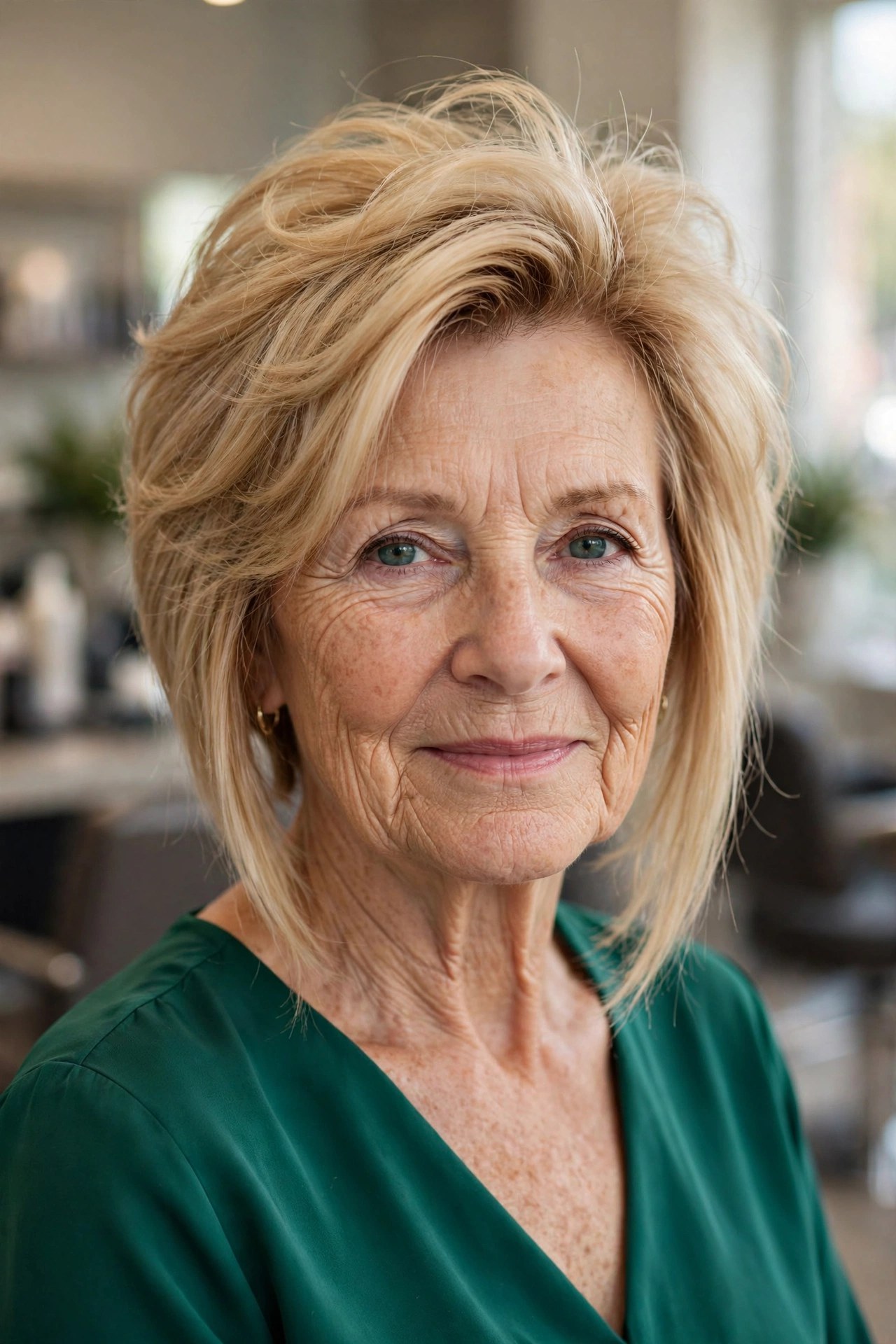Angled Lob with Crown-Volume Blowout on a woman over 50 with fine hair