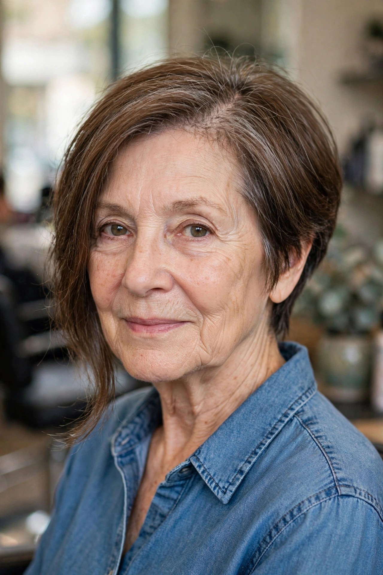 Low-Maintenance Air-Dry Angled Lob on a woman over 50 with fine hair