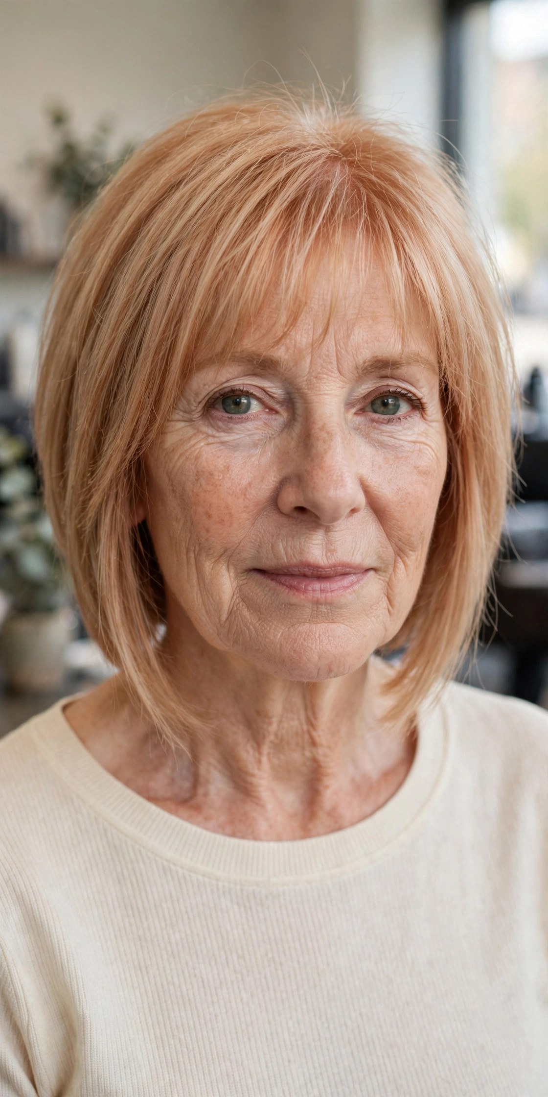 Angled Lob with Wispy Fringe on a woman over 50 with fine hair