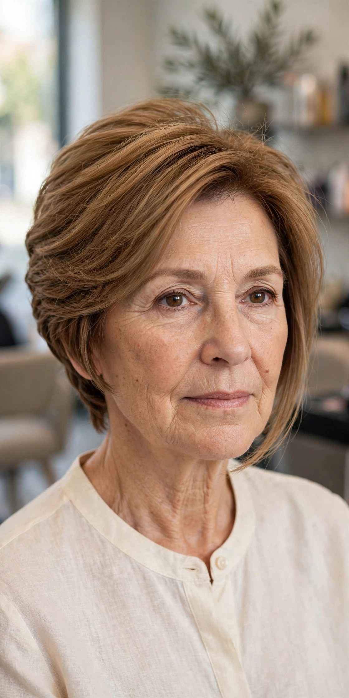 Stacked-Back Angled Lob on a woman over 50 with fine hair