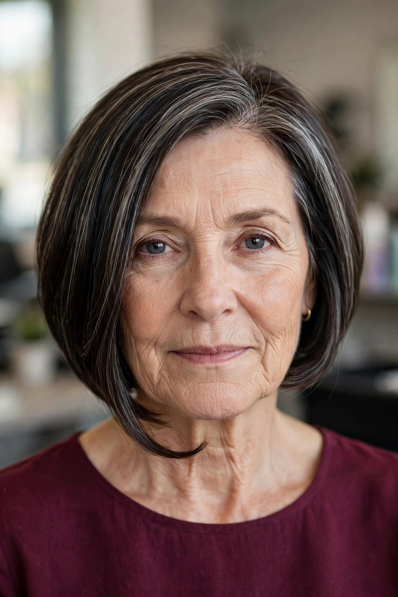 Glossy Polished Angled Lob with Undercurve on a woman over 50 with fine hair