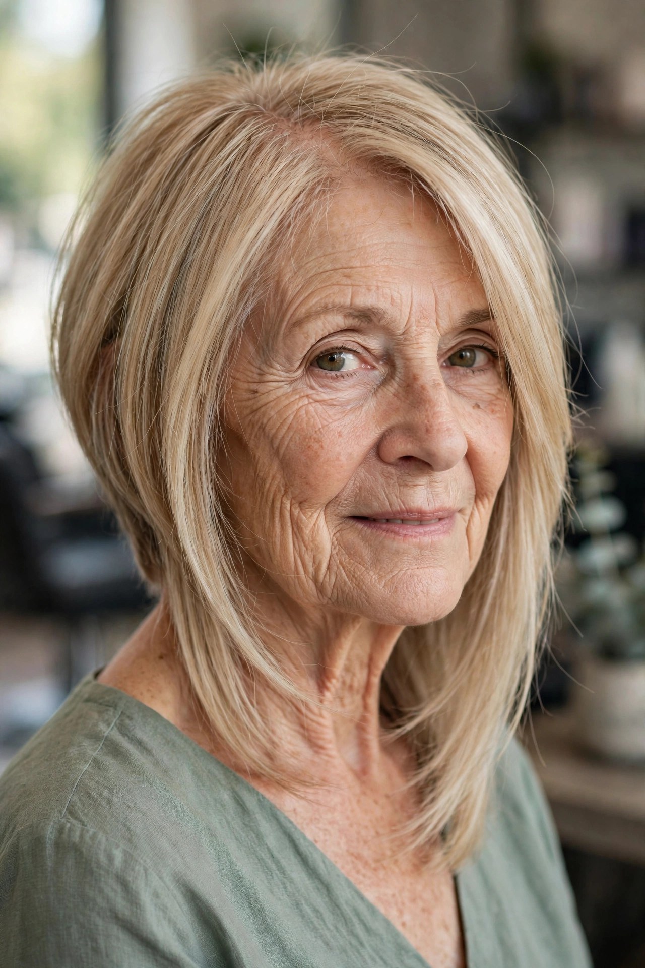 Angled Lob with Long Layers on a woman over 50 with fine hair