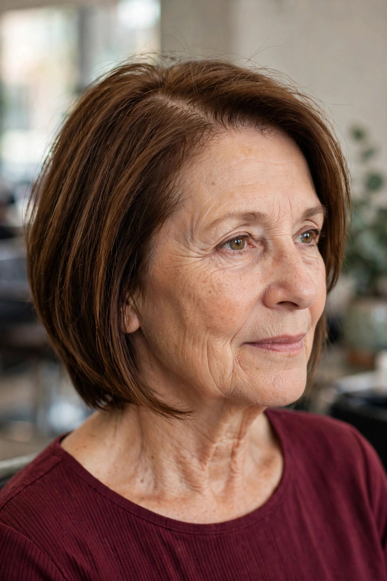Deep Side-Part Angled Lob on a woman over 50 with fine hair