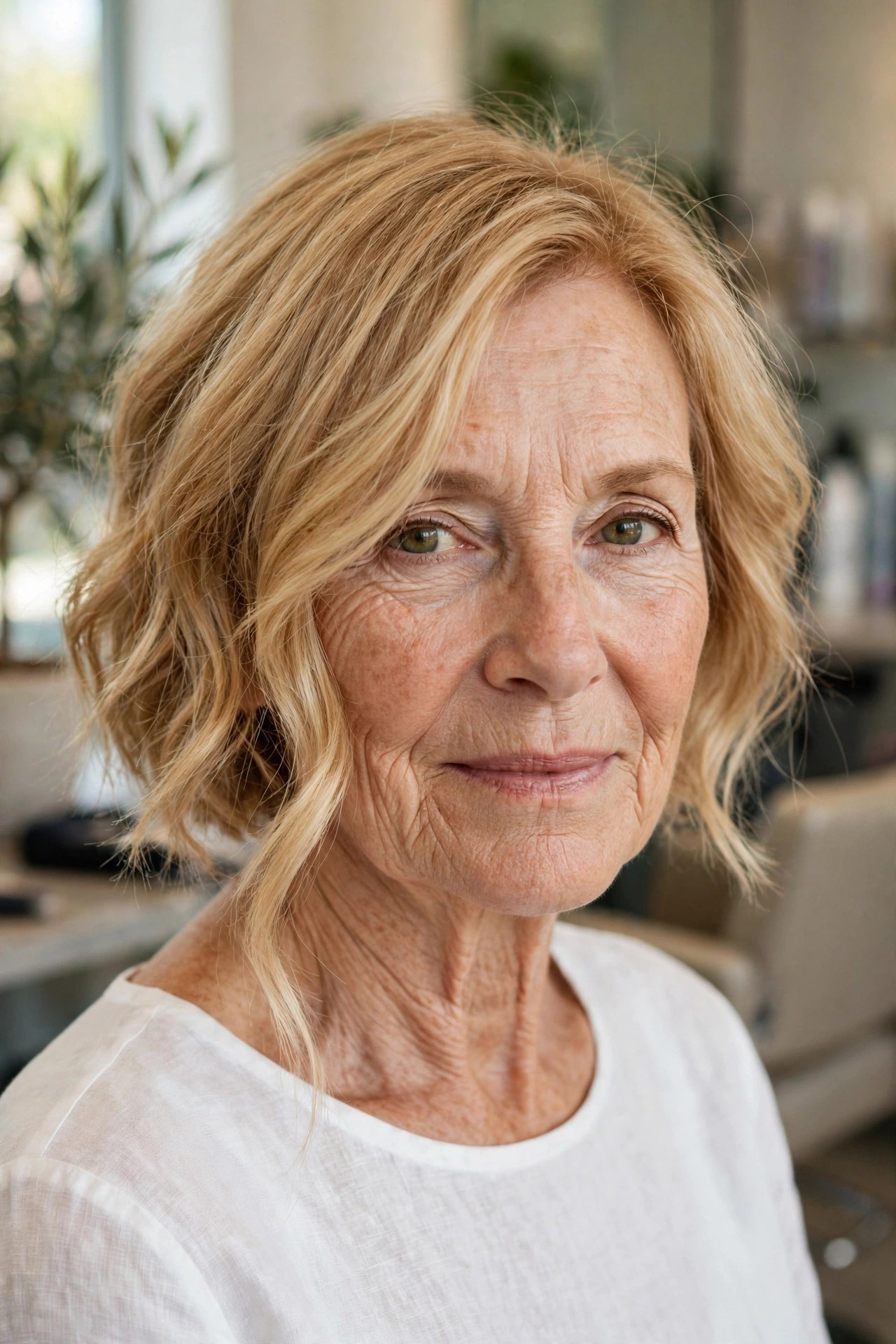 Soft Wavy Angled Lob on a woman over 50 with fine hair