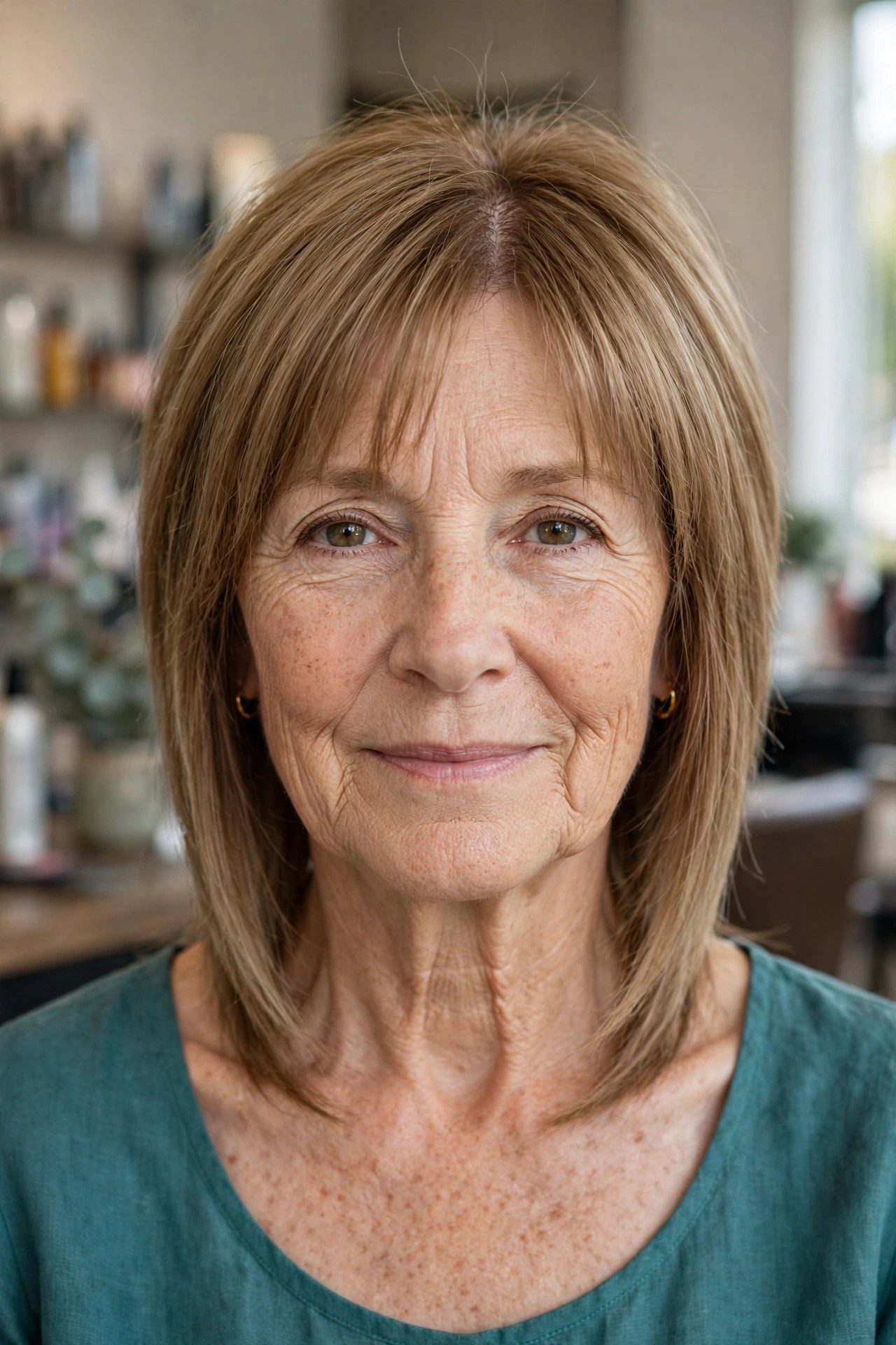 Angled Lob with Curtain Bangs on a woman over 50 with fine hair