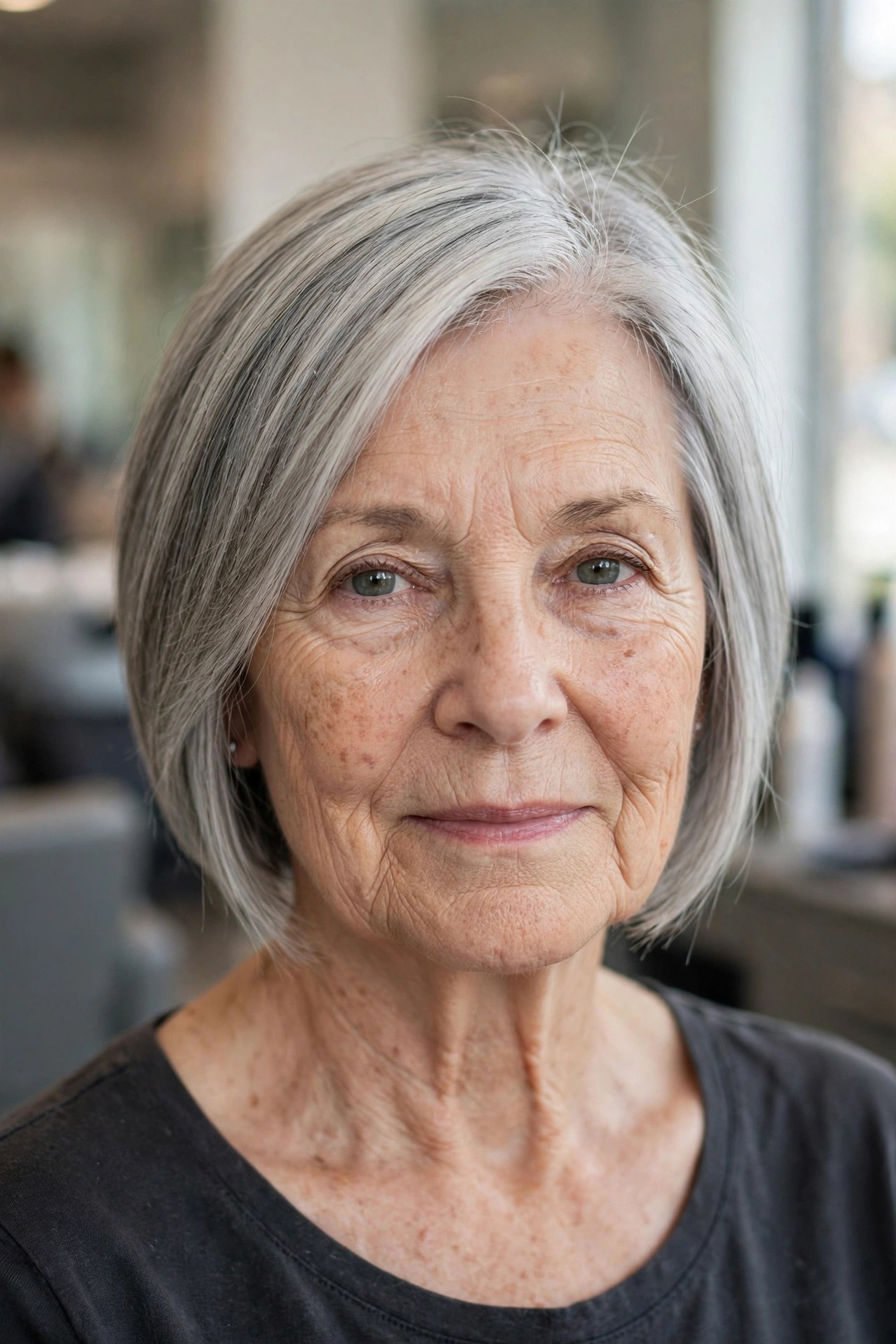 Silver-Gray Angled Lob on a woman over 50 with fine hair
