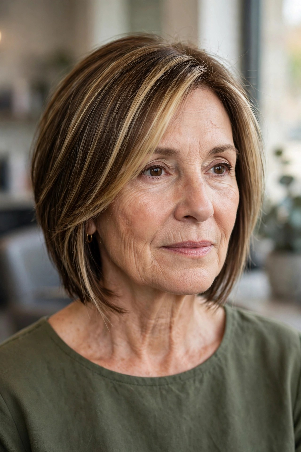 Angled Lob with Face-Framing Highlights on a woman over 50 with fine hair