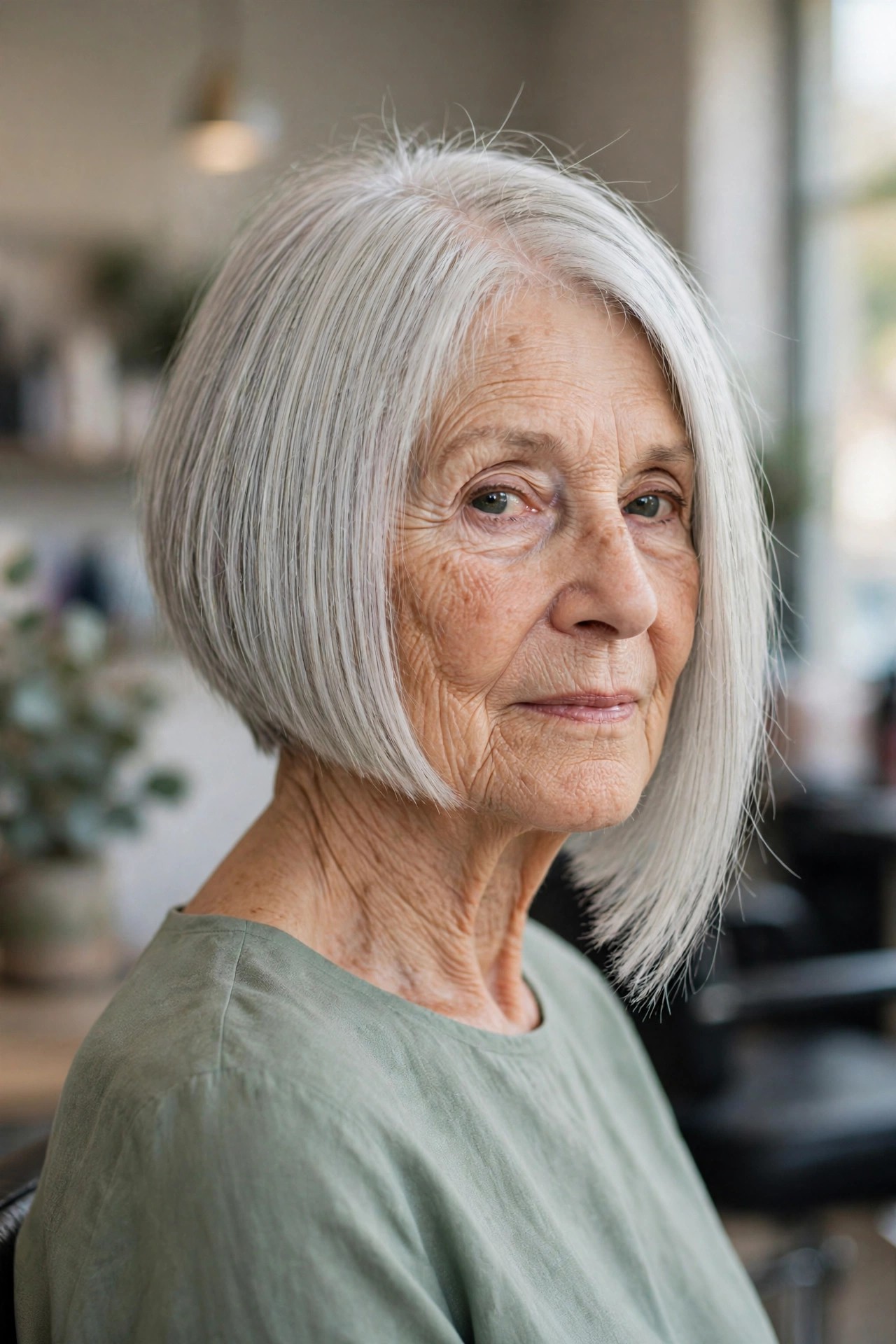 Blunt Asymmetrical Bob for Fine Hair — asymmetrical bob haircut on a woman over 60