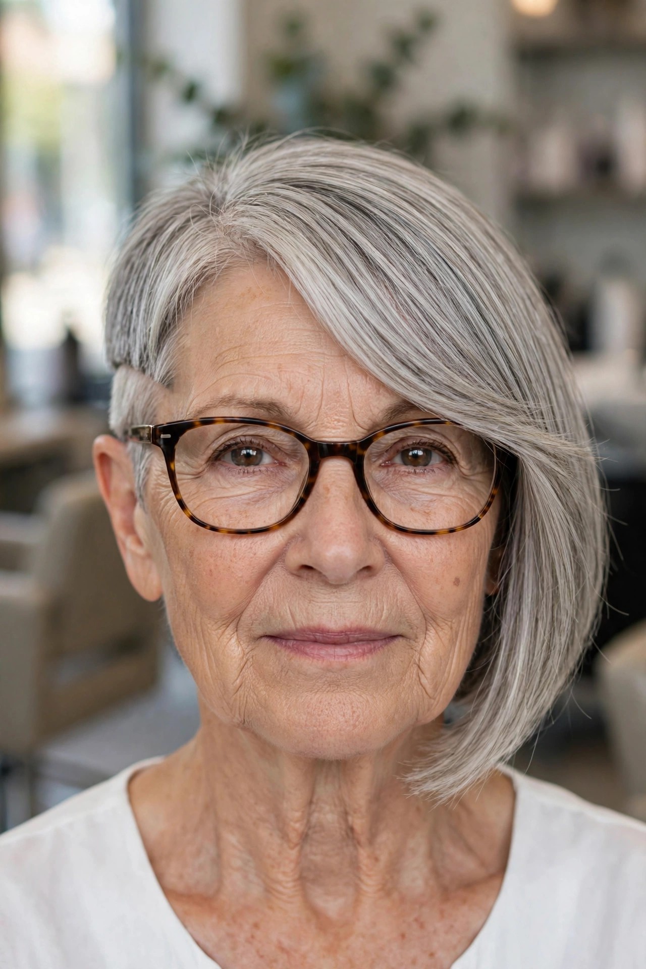Glasses-Friendly Asymmetrical Bob — asymmetrical bob haircut on a woman over 60