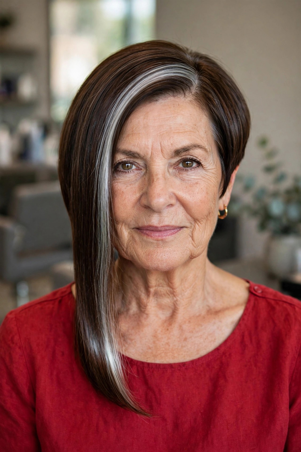 Dramatic Asymmetrical Bob with a Silver Streak Panel — asymmetrical bob haircut on a woman over 60