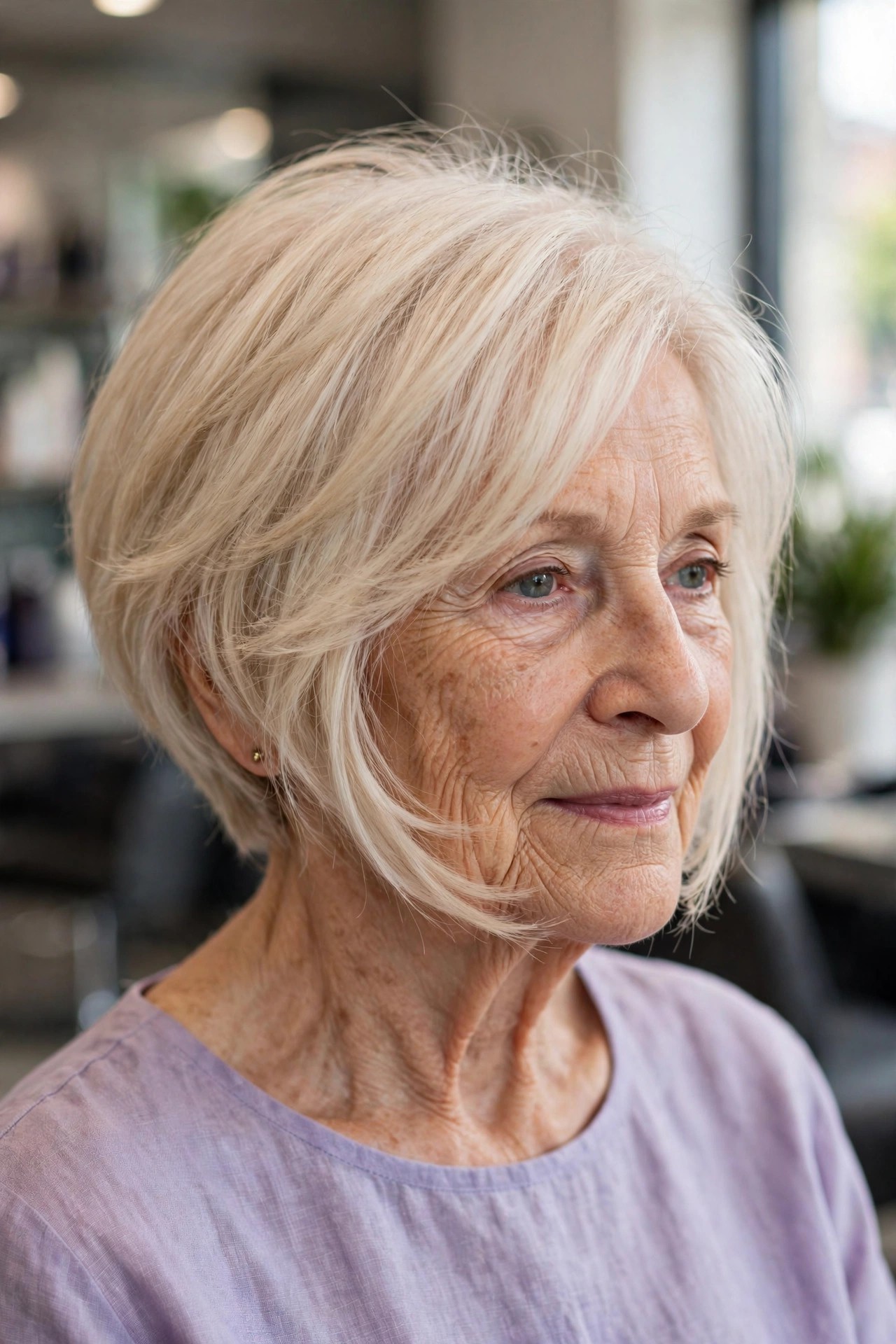 Feathered Asymmetrical Bob for a Thinning Crown — asymmetrical bob haircut on a woman over 60