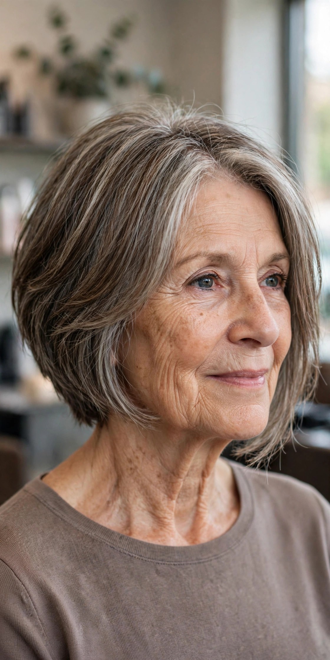 Soft Layered Asymmetrical Bob with Gray Blending — asymmetrical bob haircut on a woman over 60