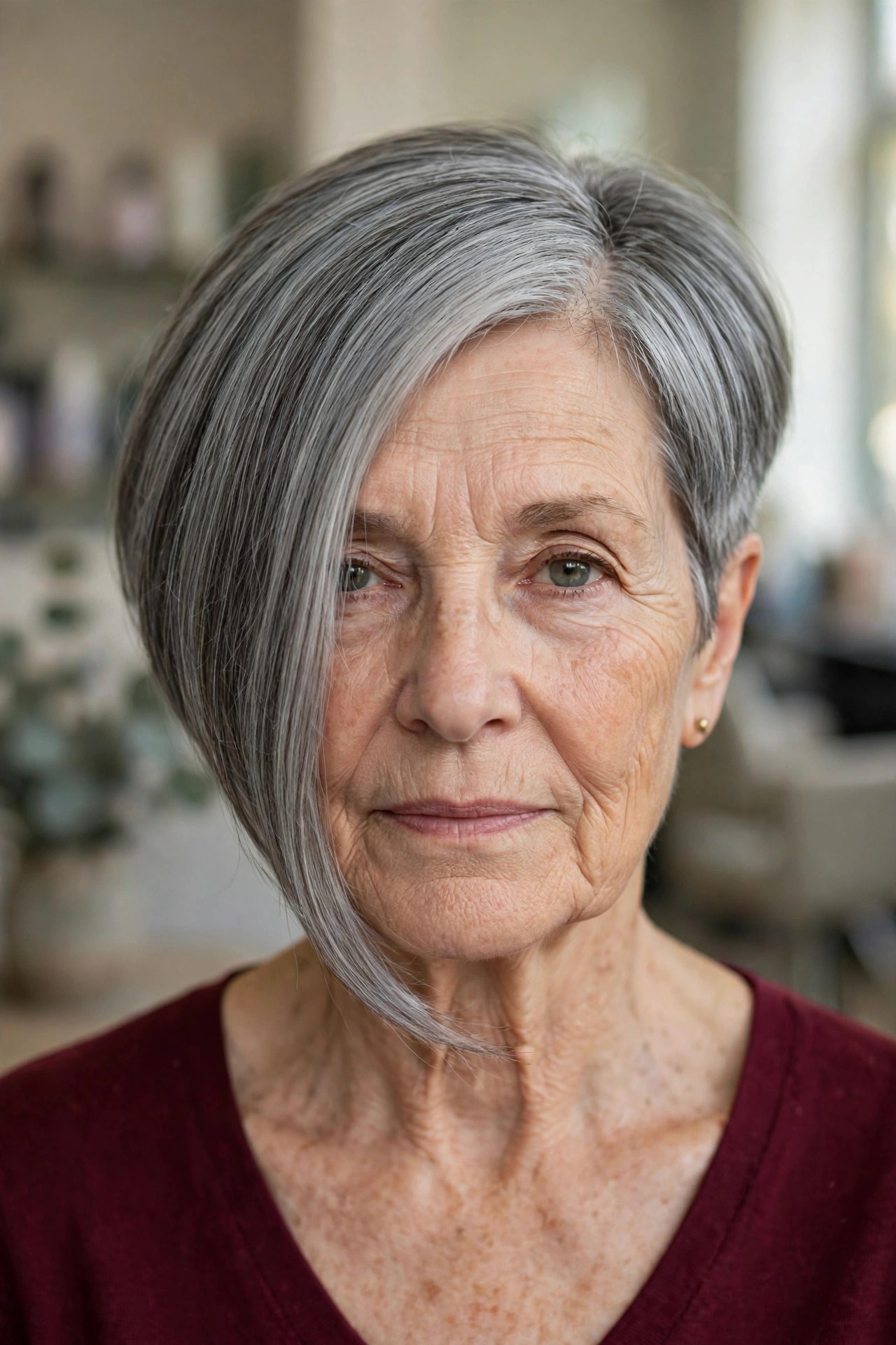 Deep Side Part with a Long Sweeping Front Panel — asymmetrical bob haircut on a woman over 60